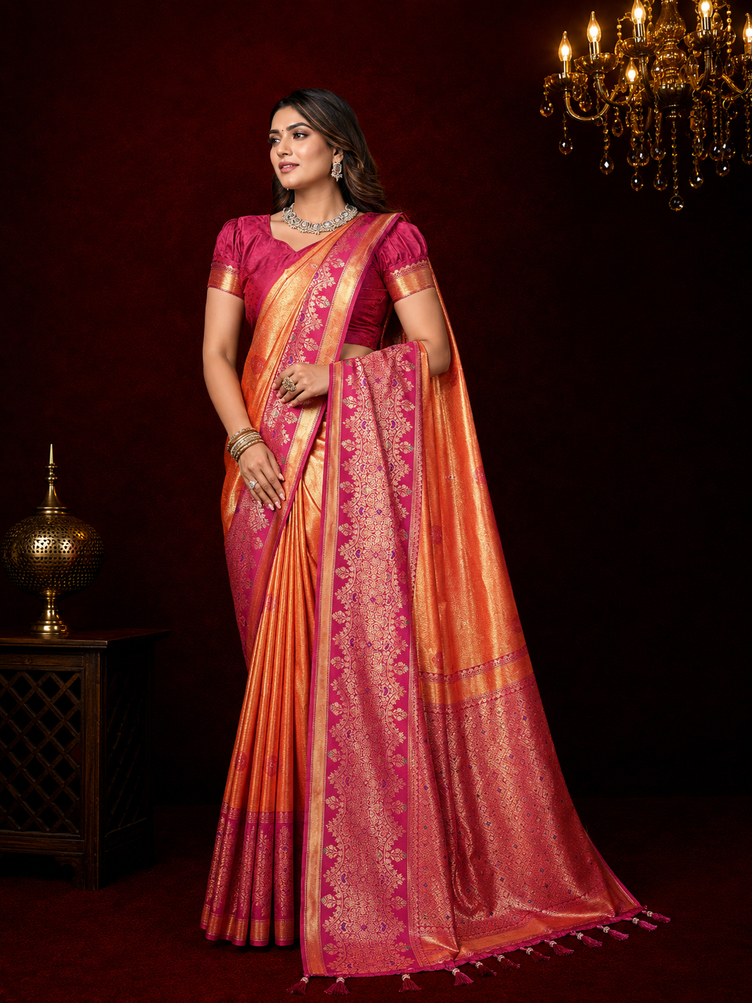 Pure kanchipuram banarasi tissue silk saree with zari weaving work.