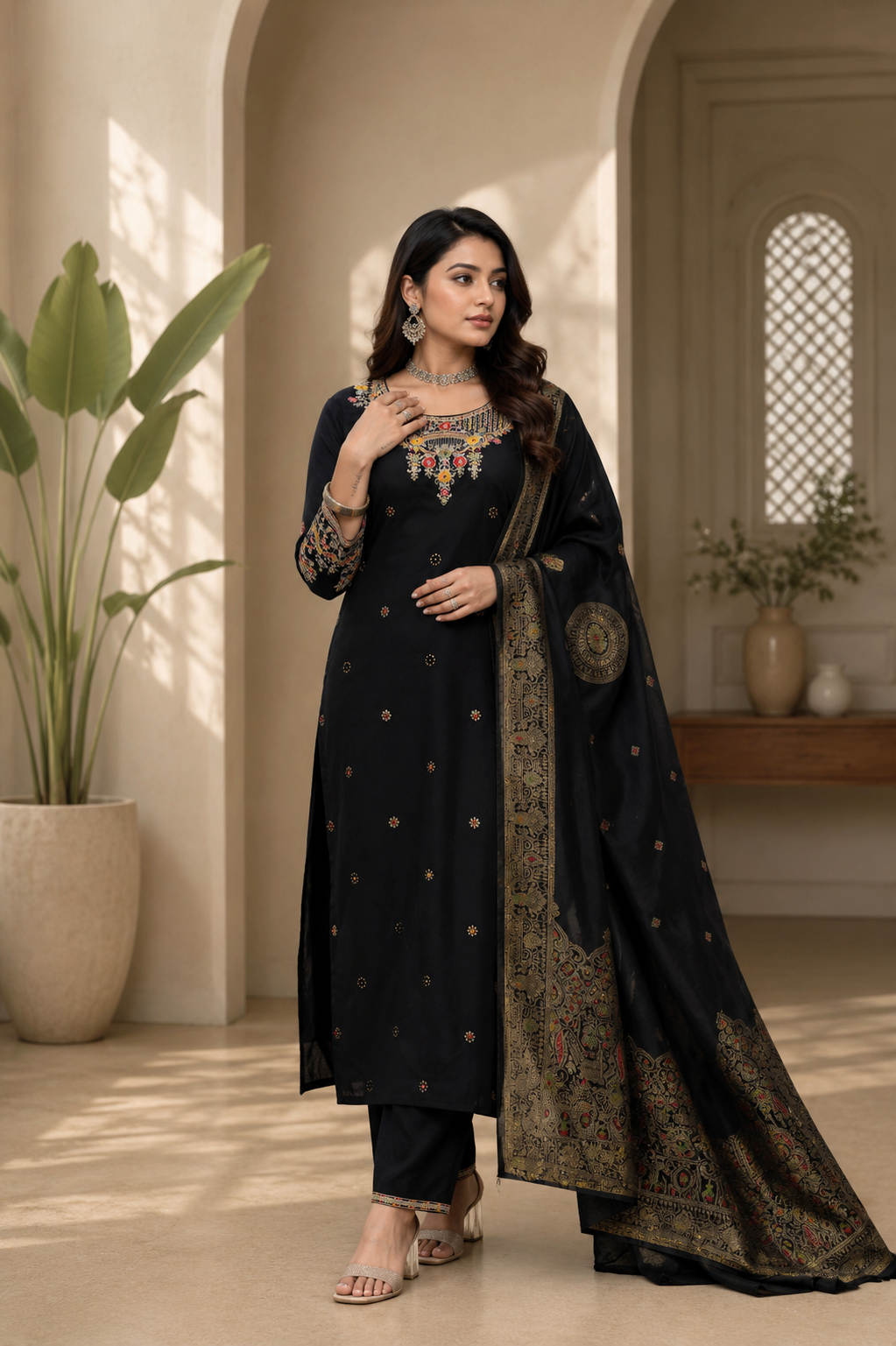 Black soft roman silk kurta and pant set with muslin silk meena work dupatta.