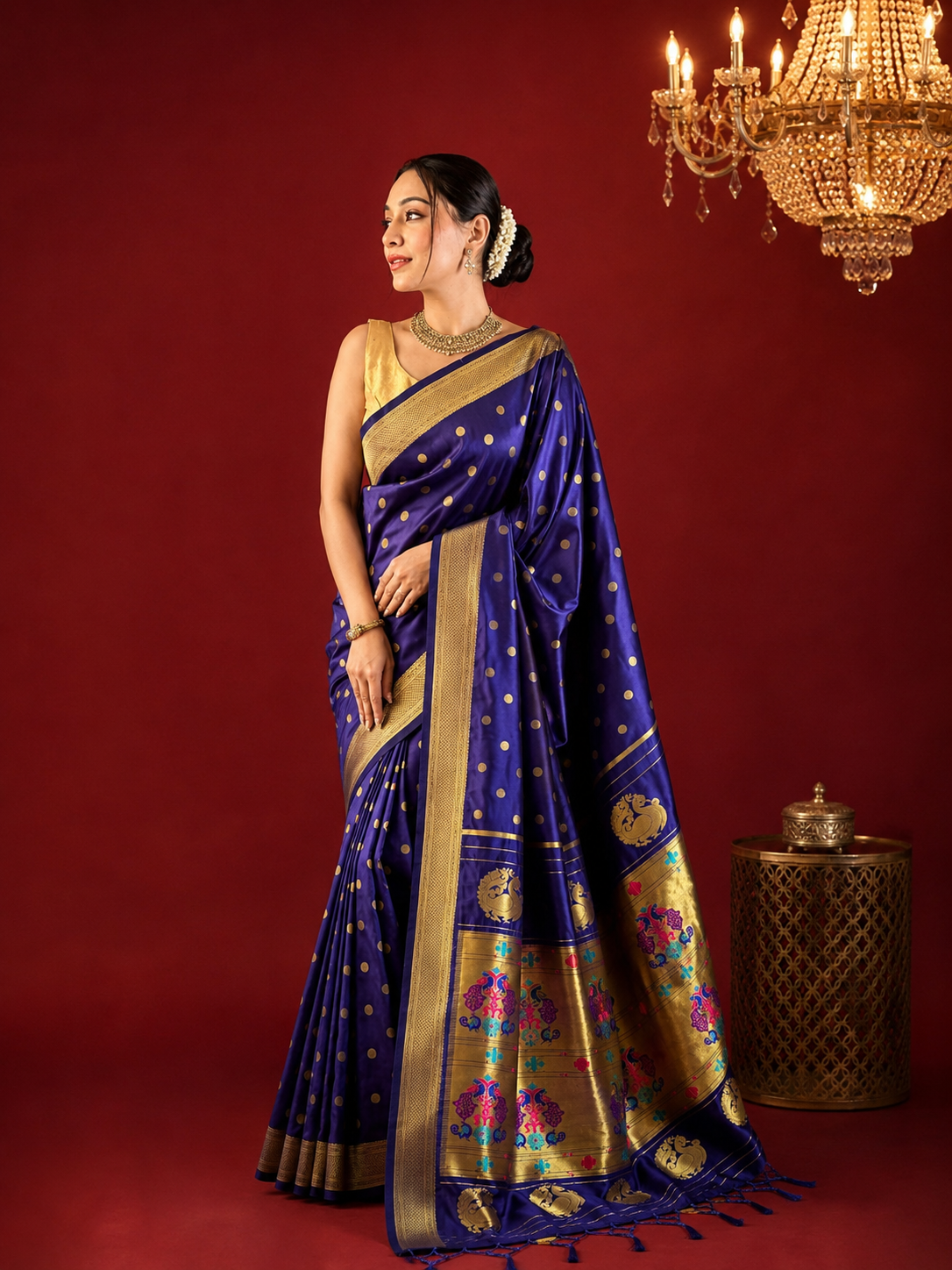 Traditional paithani silk saree with zari weaving work.