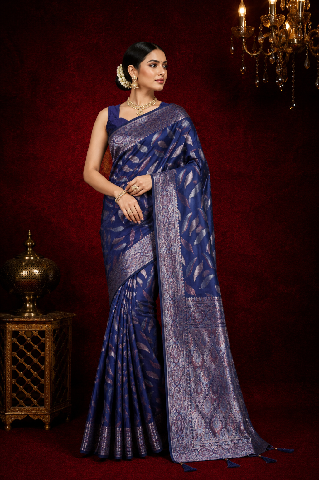 Traditional banarasi silk saree with zari weaving work.