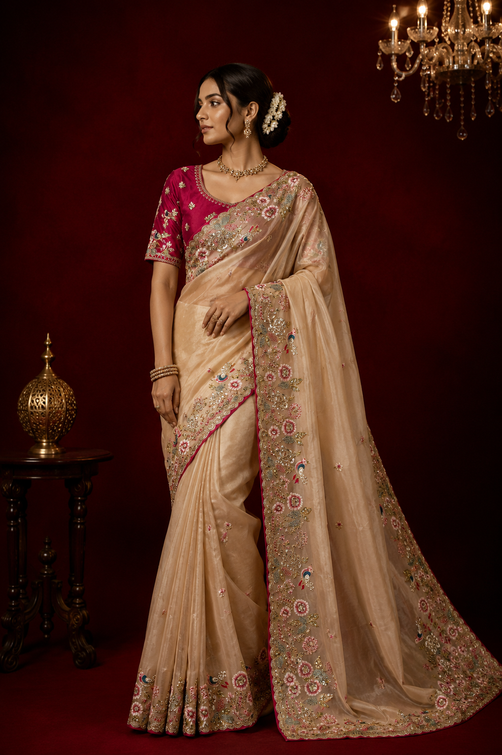 Jimmy choo saree with thread work and sequence work with Ready made blouse.