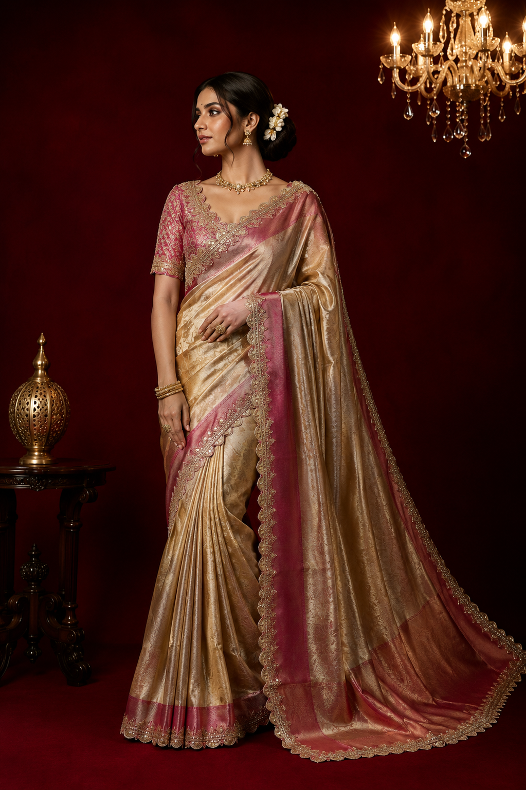 Gold soft tissue silk saree with chex design rich pallu and brocade blouse.
