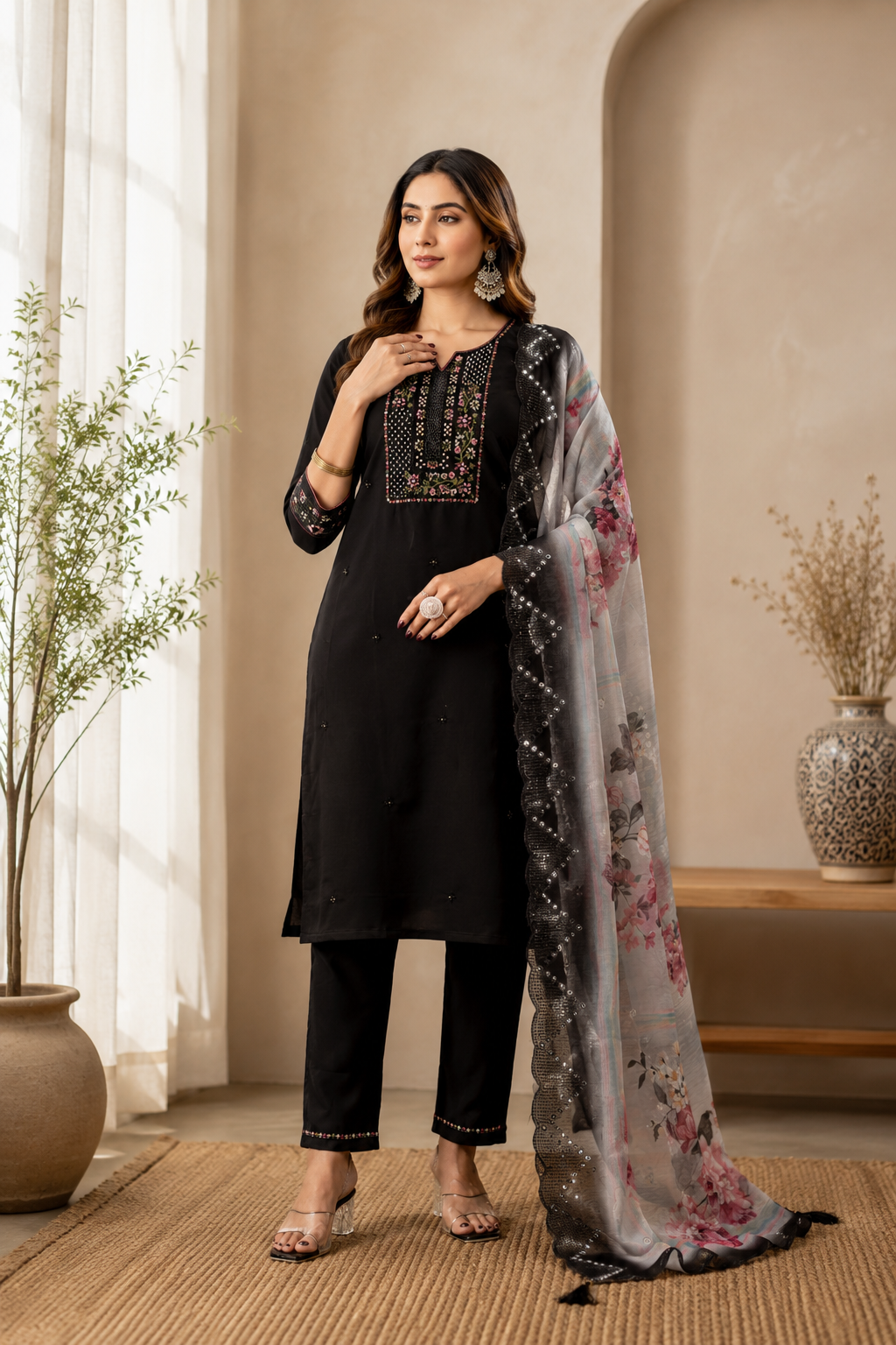Black soft roman silk kurta and pant set with chanderi printed dupatta.
