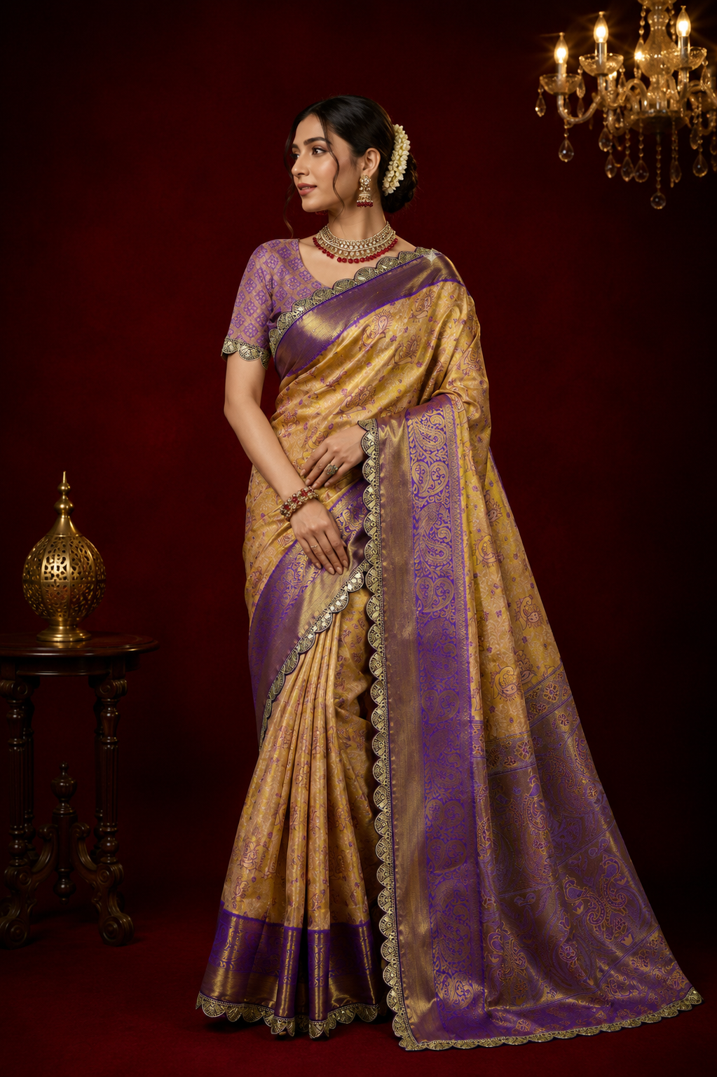 Kanjivaram silk saree with zari weaving work.