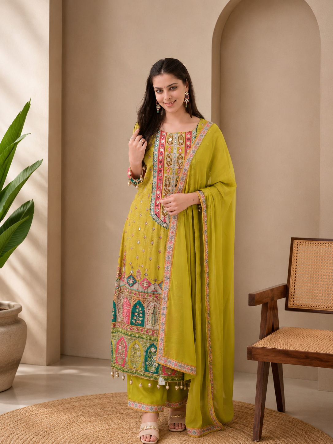 Mehndi green chinon silk kurta palazzo and dupatta set with printed and kodi work.