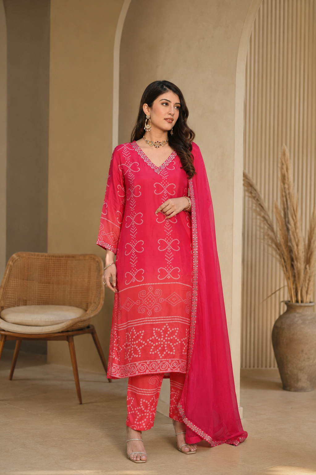 Pink chinon silk kurta and pant set with Embroidered work dupatta