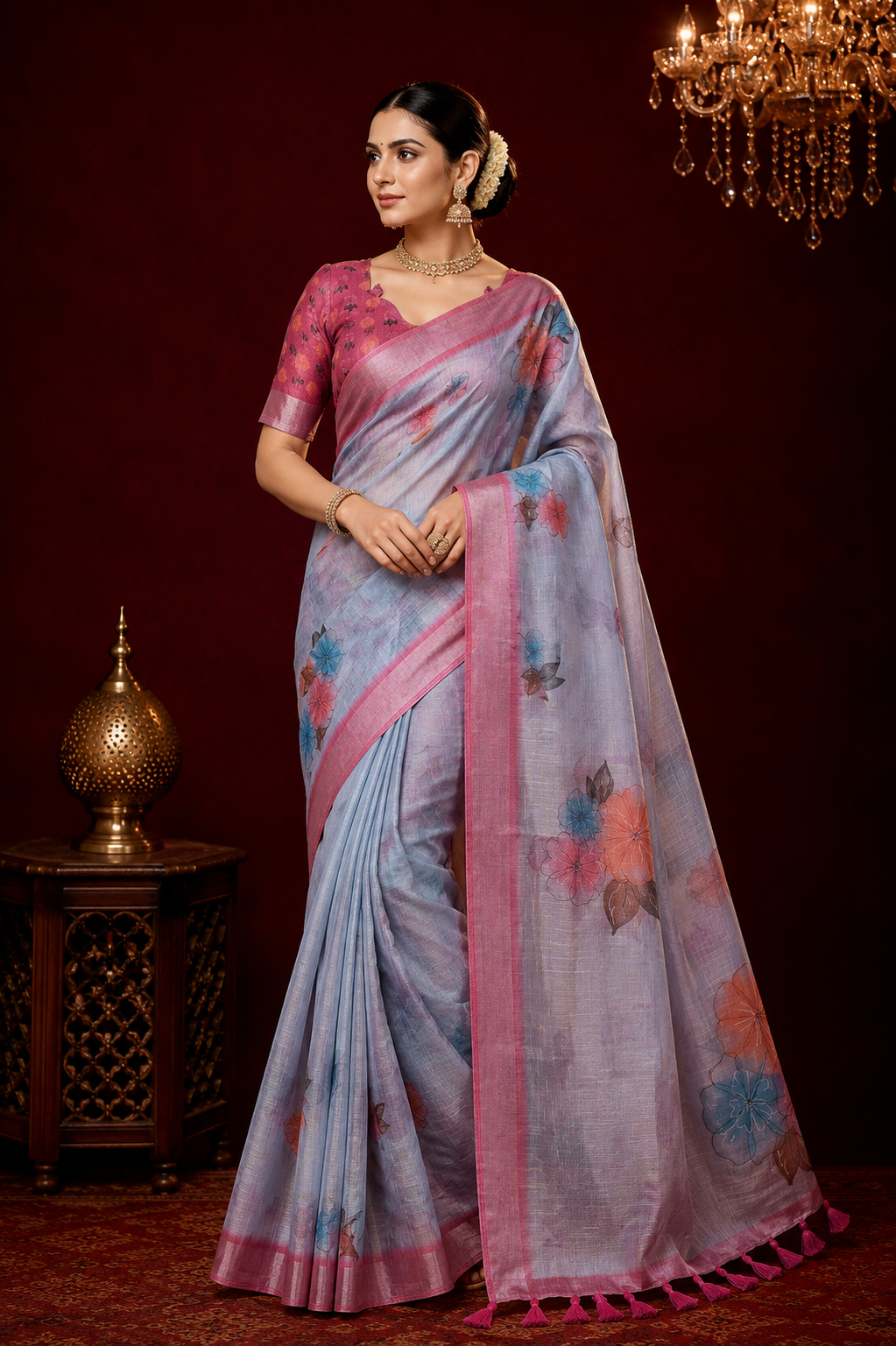 Multi linen cotton saree with digital printed work and silver zari border.