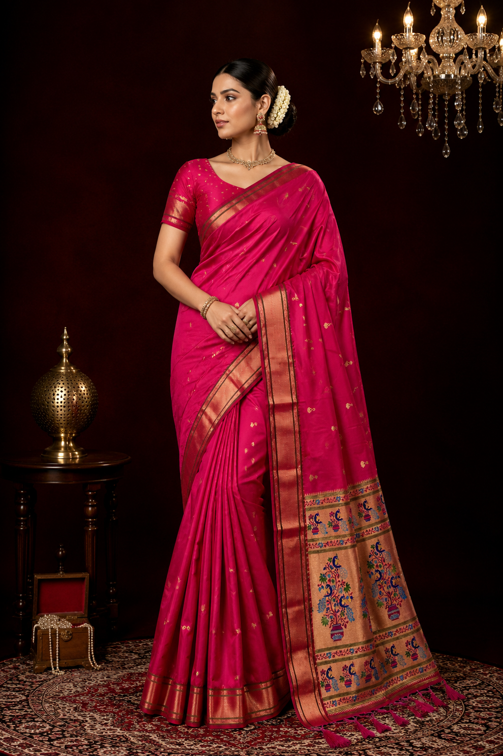 Lichi silk paithani saree with zari weaving work.