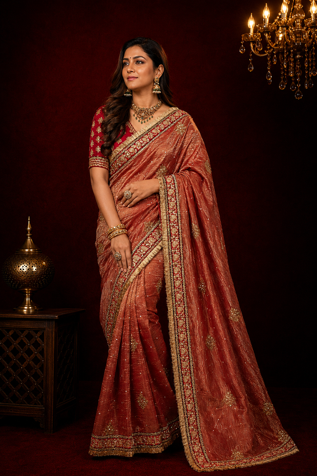 Red crush banarasi silk saree with embroidery work lace border.