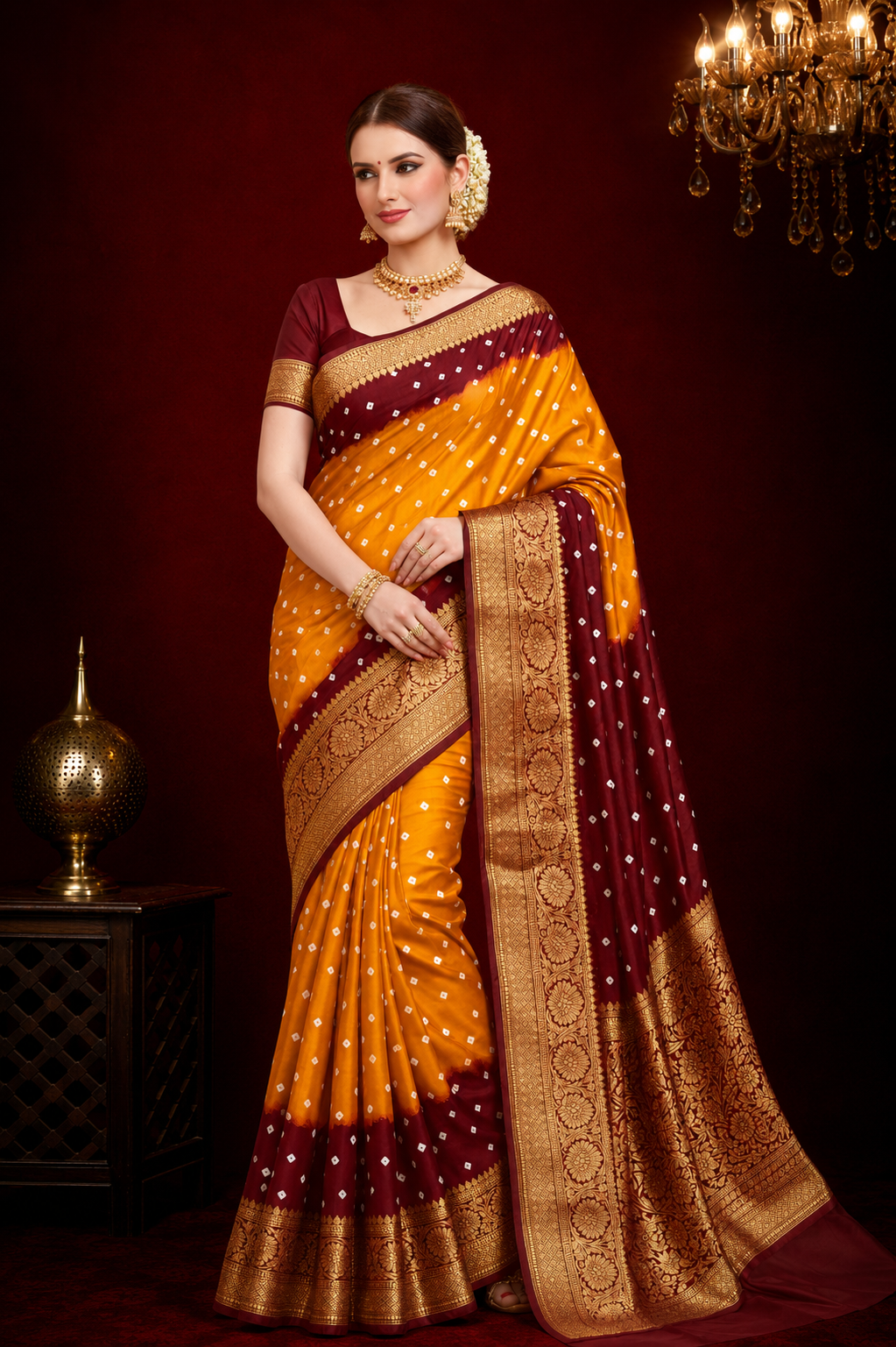 Pure hand bhandhej bandhani saree with kanchi zari weaving border & pallu.