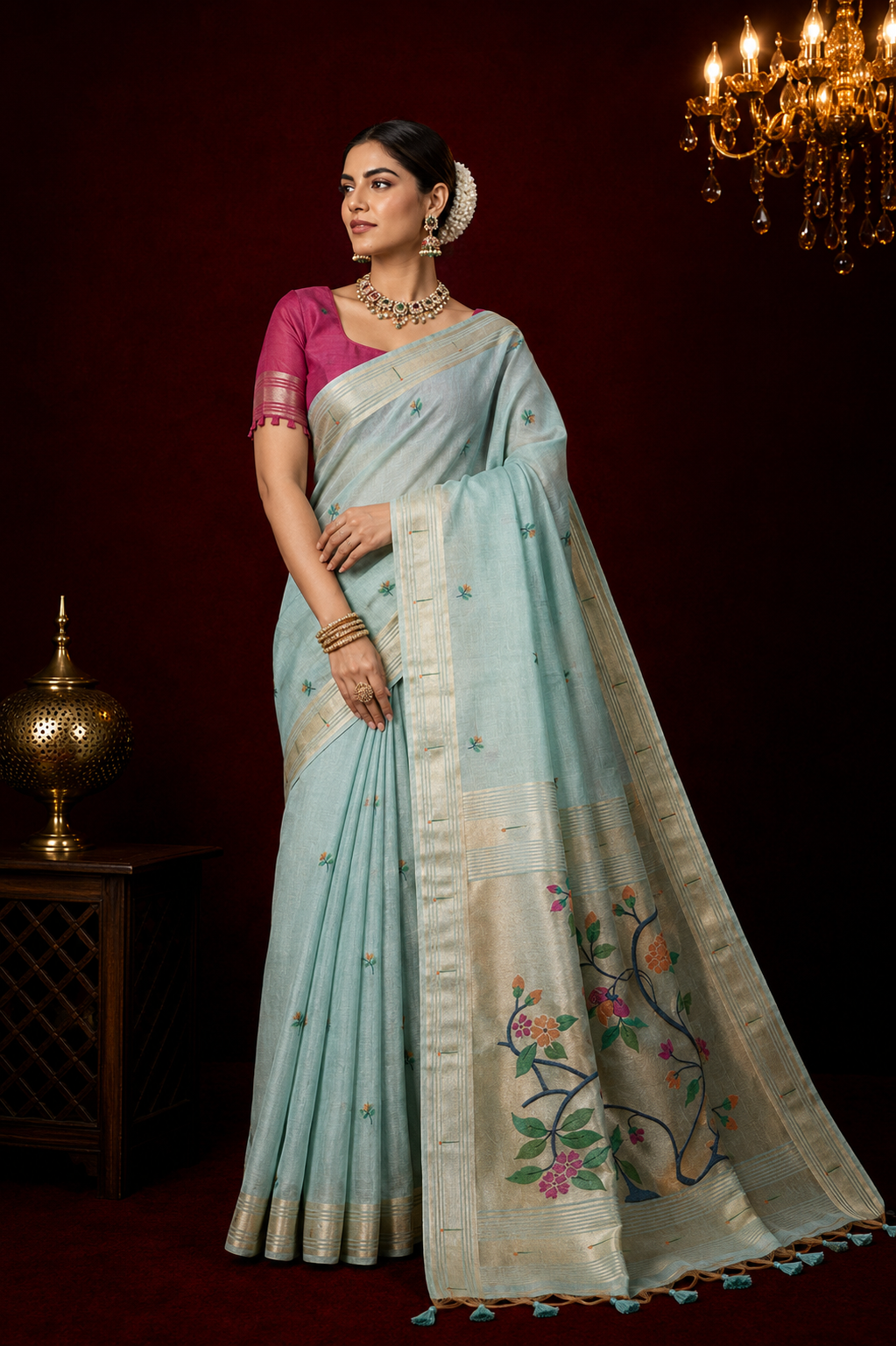 Sky blue premium muga cotton paithani saree with classic resham weaving paithani pallu and zari weaving border.