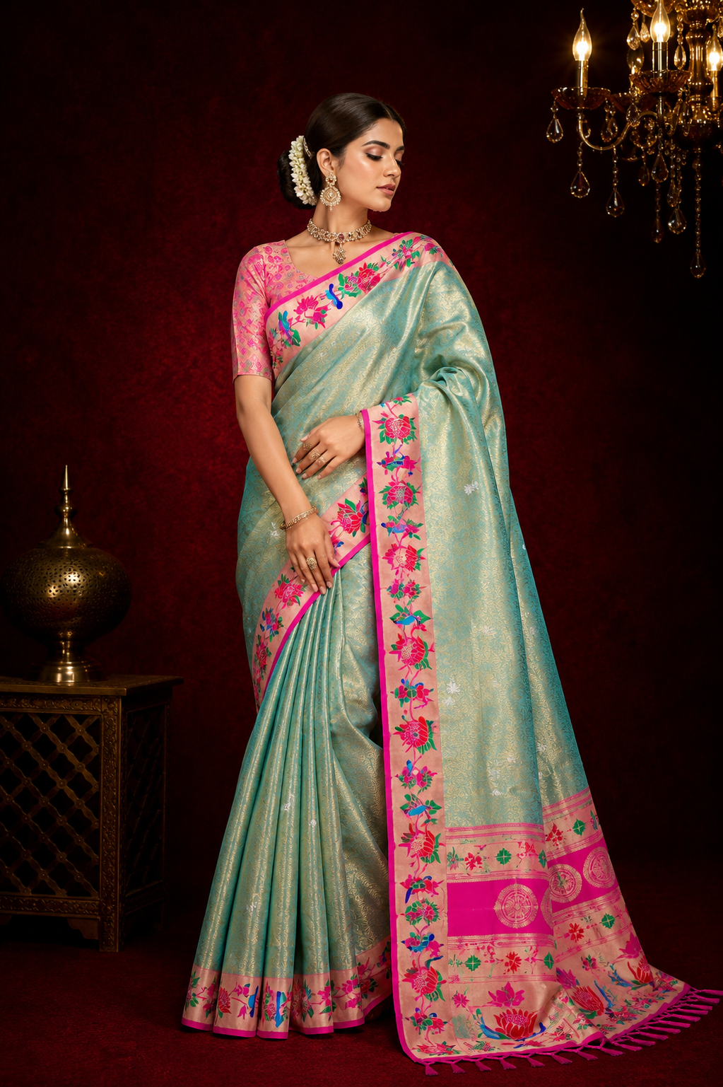 Soft tissue paithani silk saree with zari weaving work.