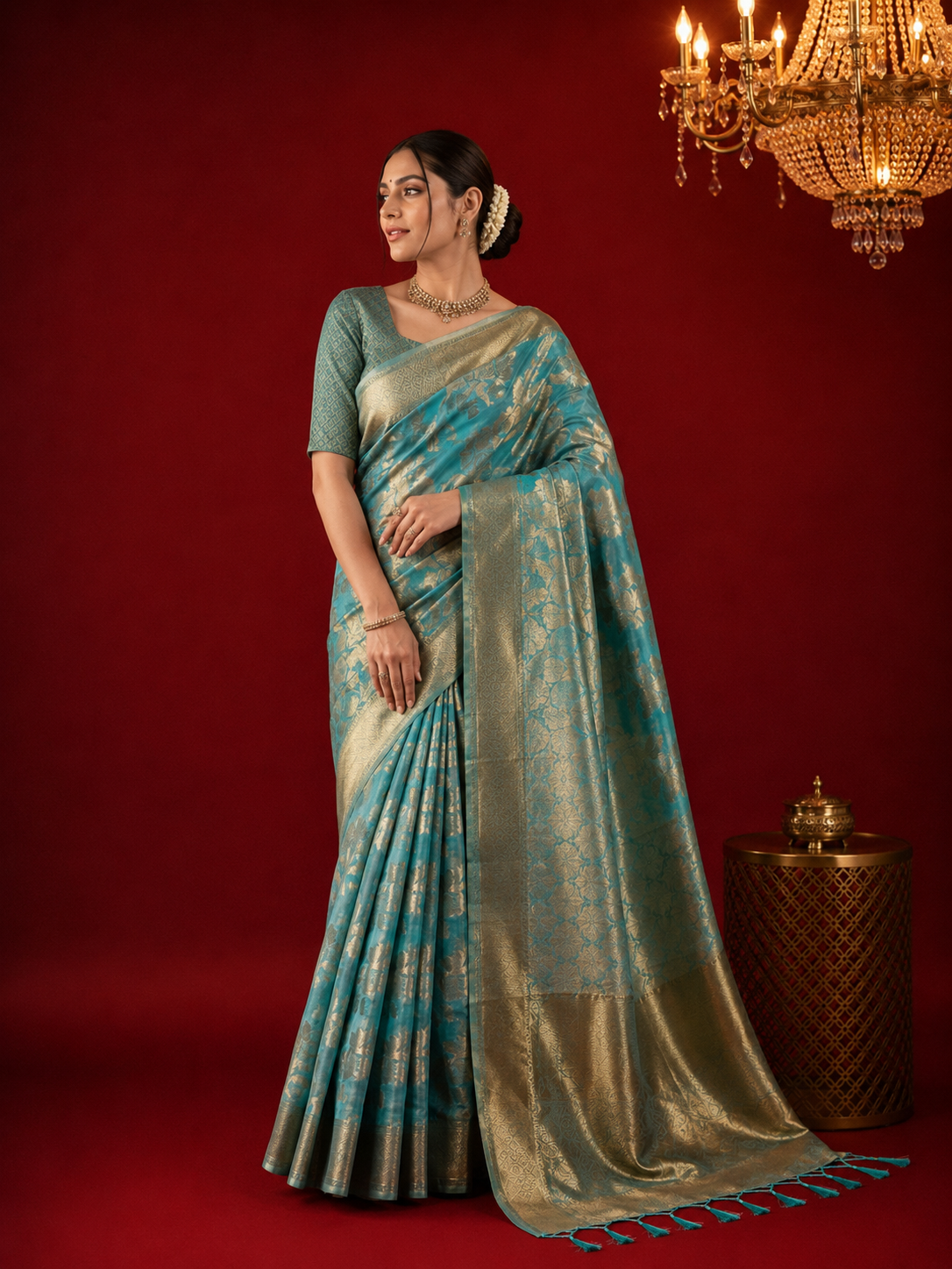 Rama green jimmy choo saree with weaving work.
