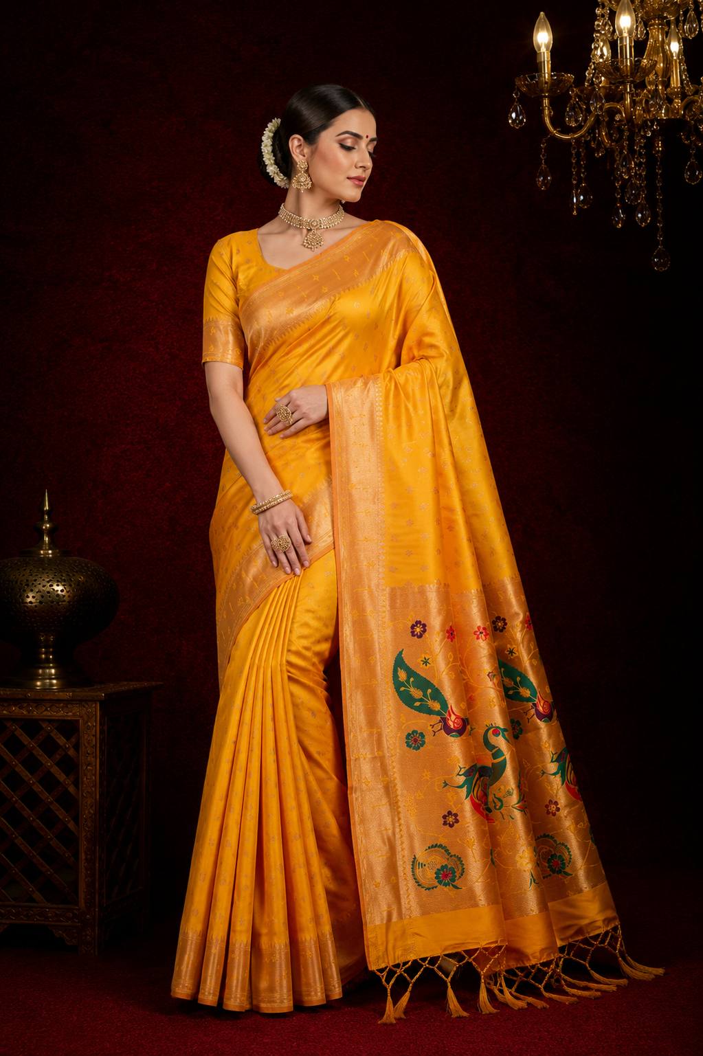 Traditional  paithani silk saree with zari weaving work.