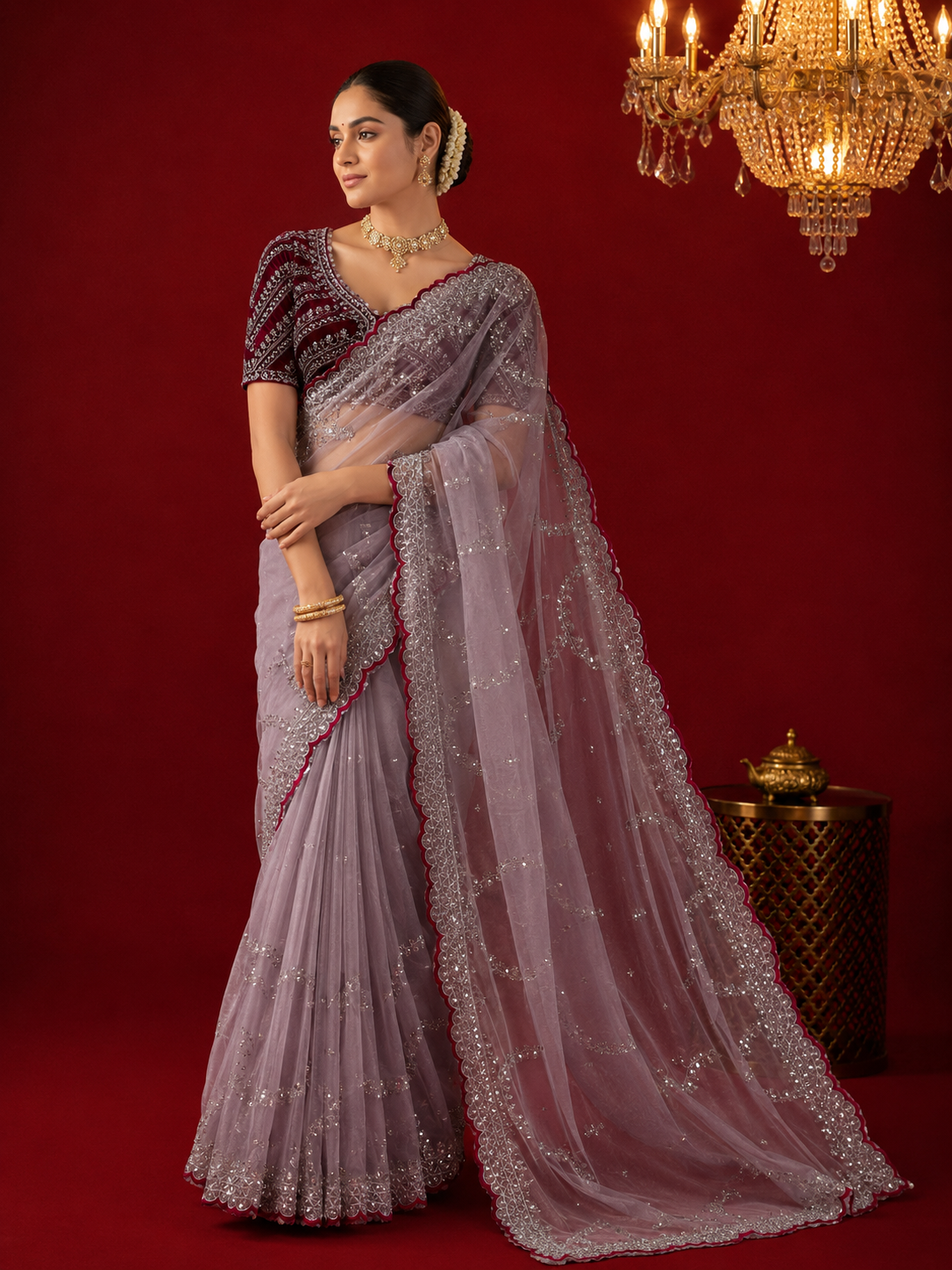Pure jimmy choo satin saree with beautiful C-Pallu work and ready made blouse.