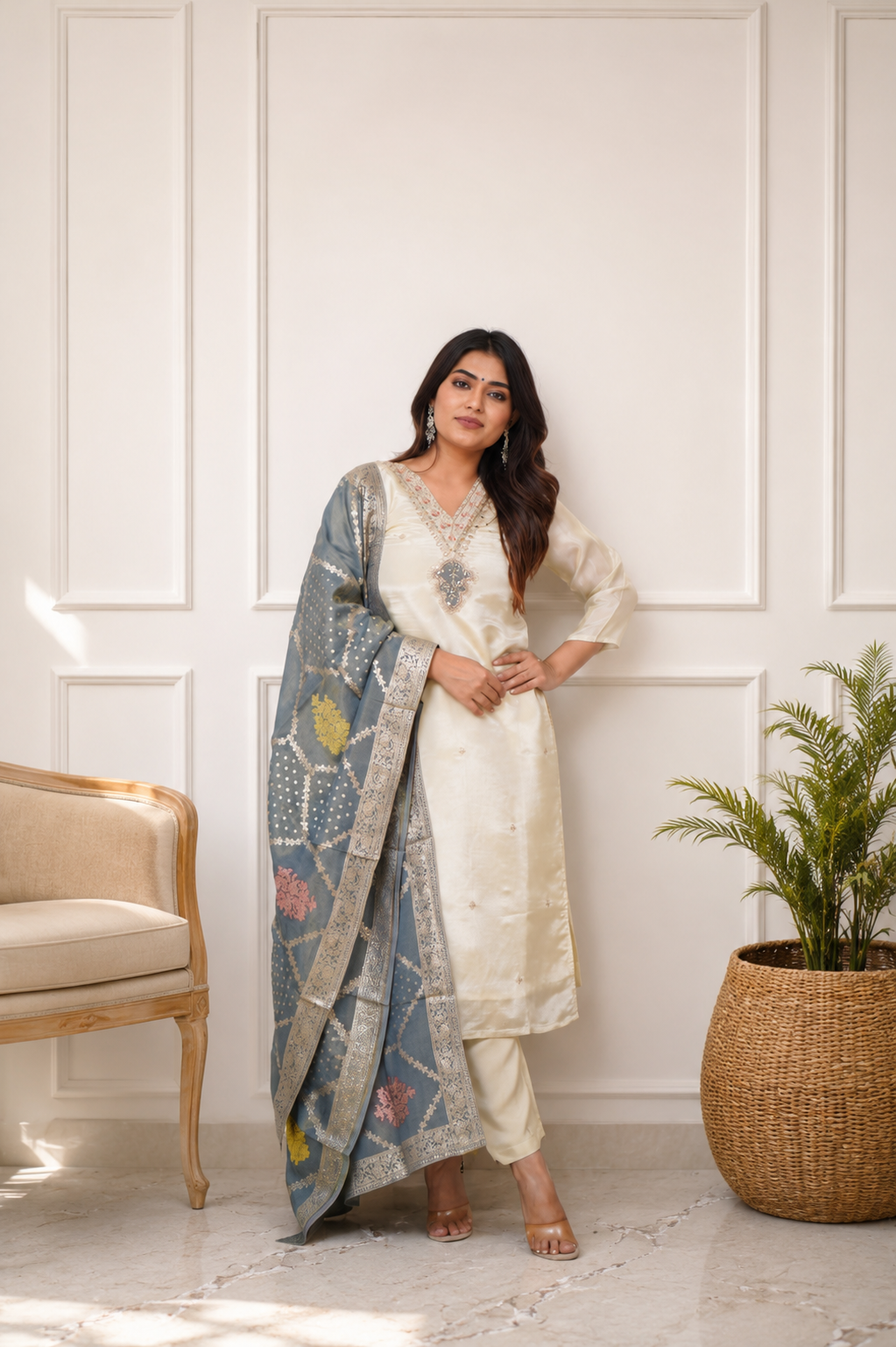 White Chanderi silk kurta and pant set with Grey Jacquard work dupatta.