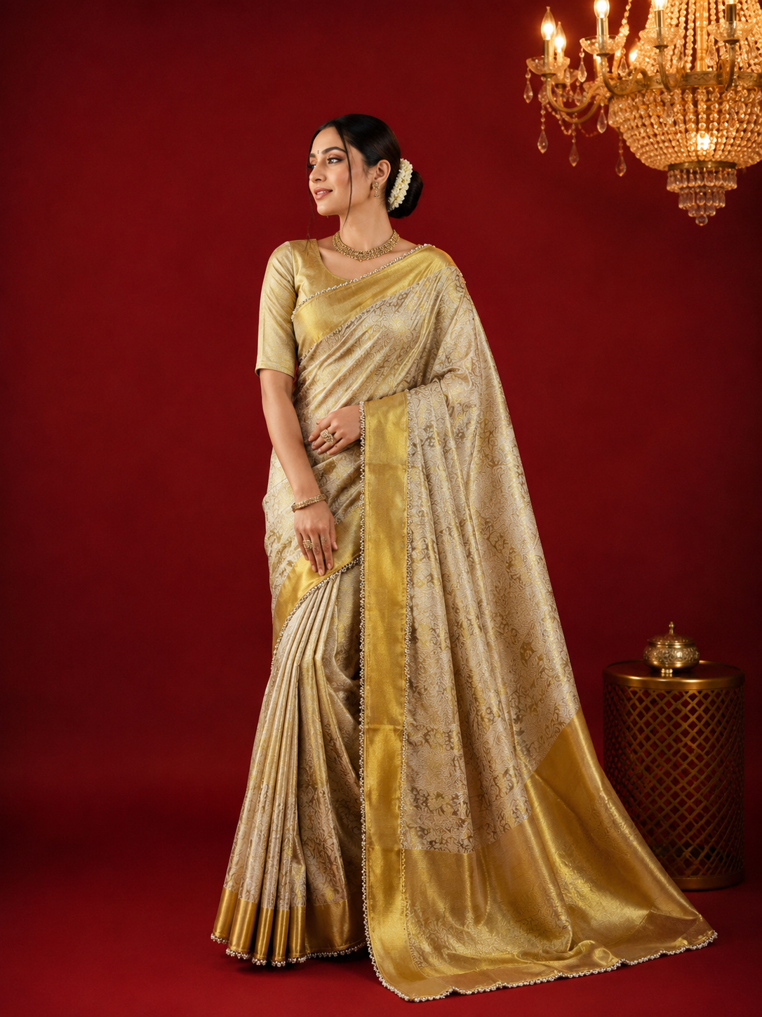 Gold premium banarasi tissue silk saree with zari weaving work.