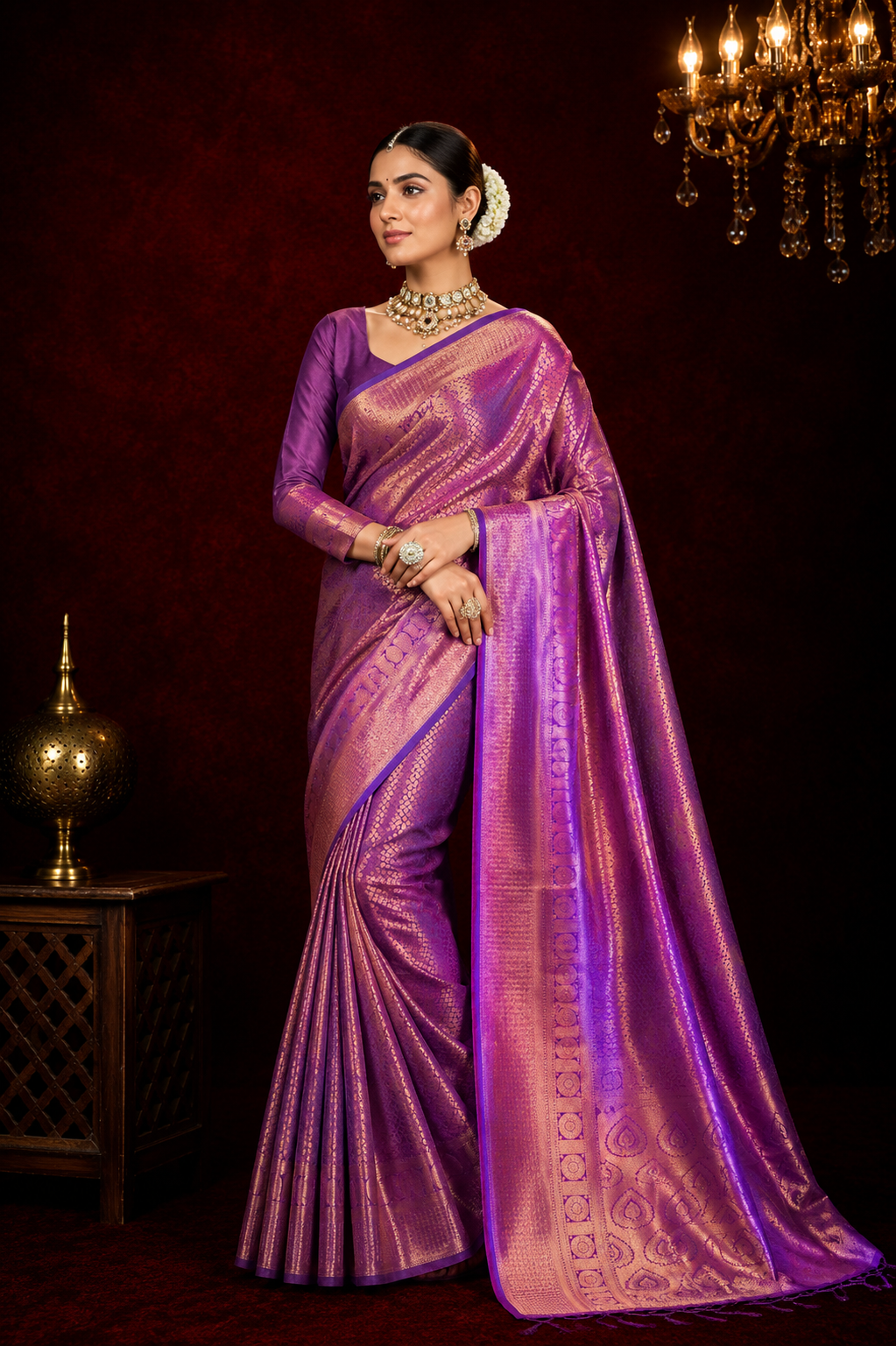 Purple color kanchipuram silk saree with zari weaving work.