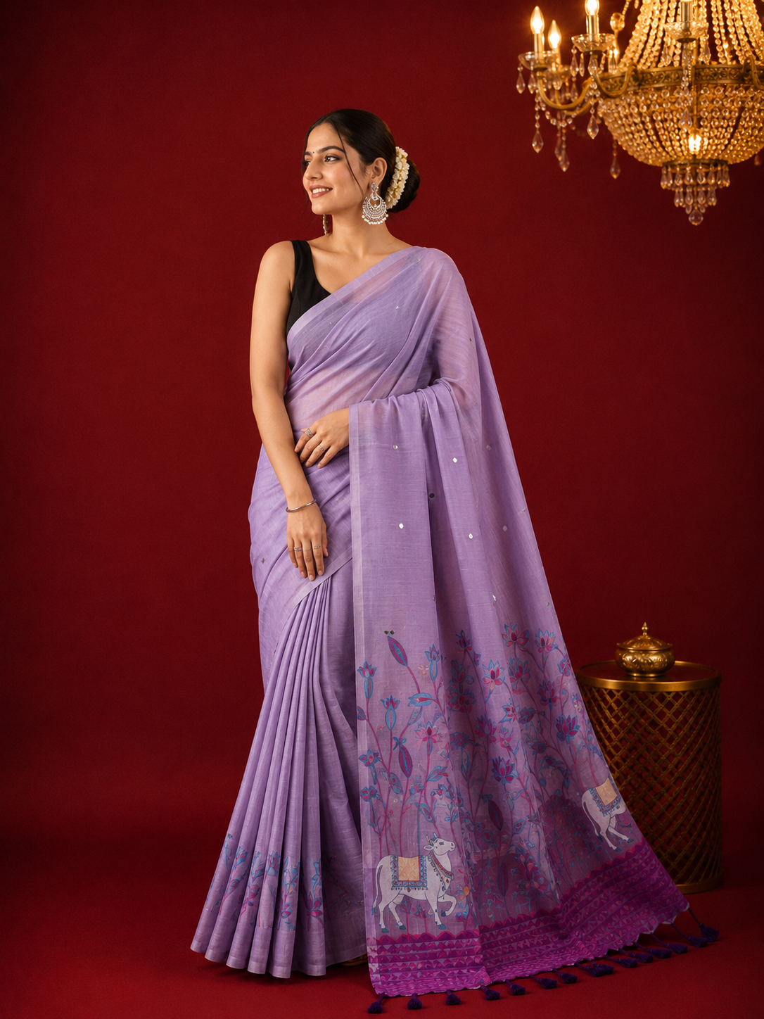 Plain khadi cotton saree with ginni and fancy tassel work.