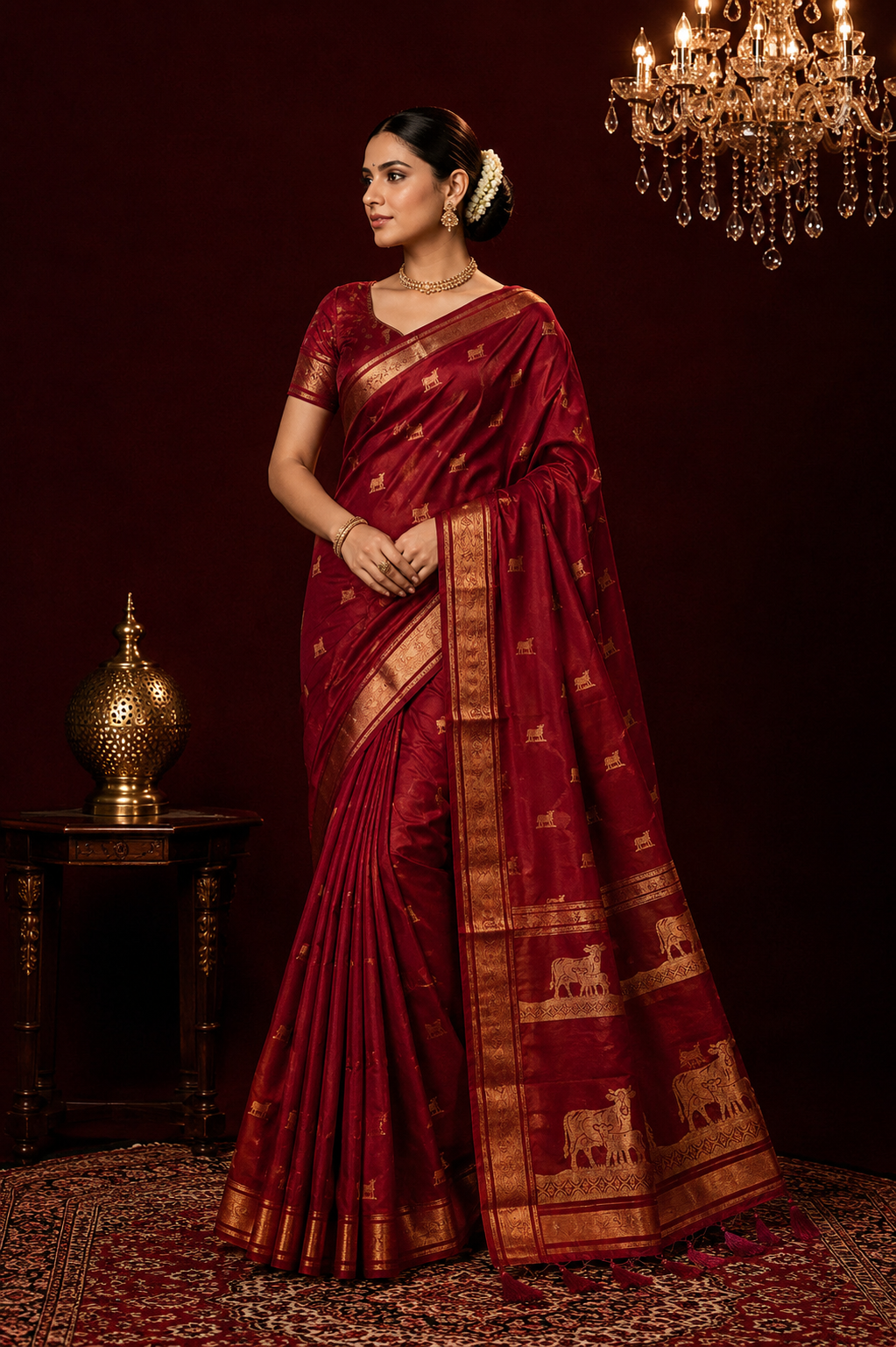 Maroon viscose dola silk saree with slef zari weaving work.