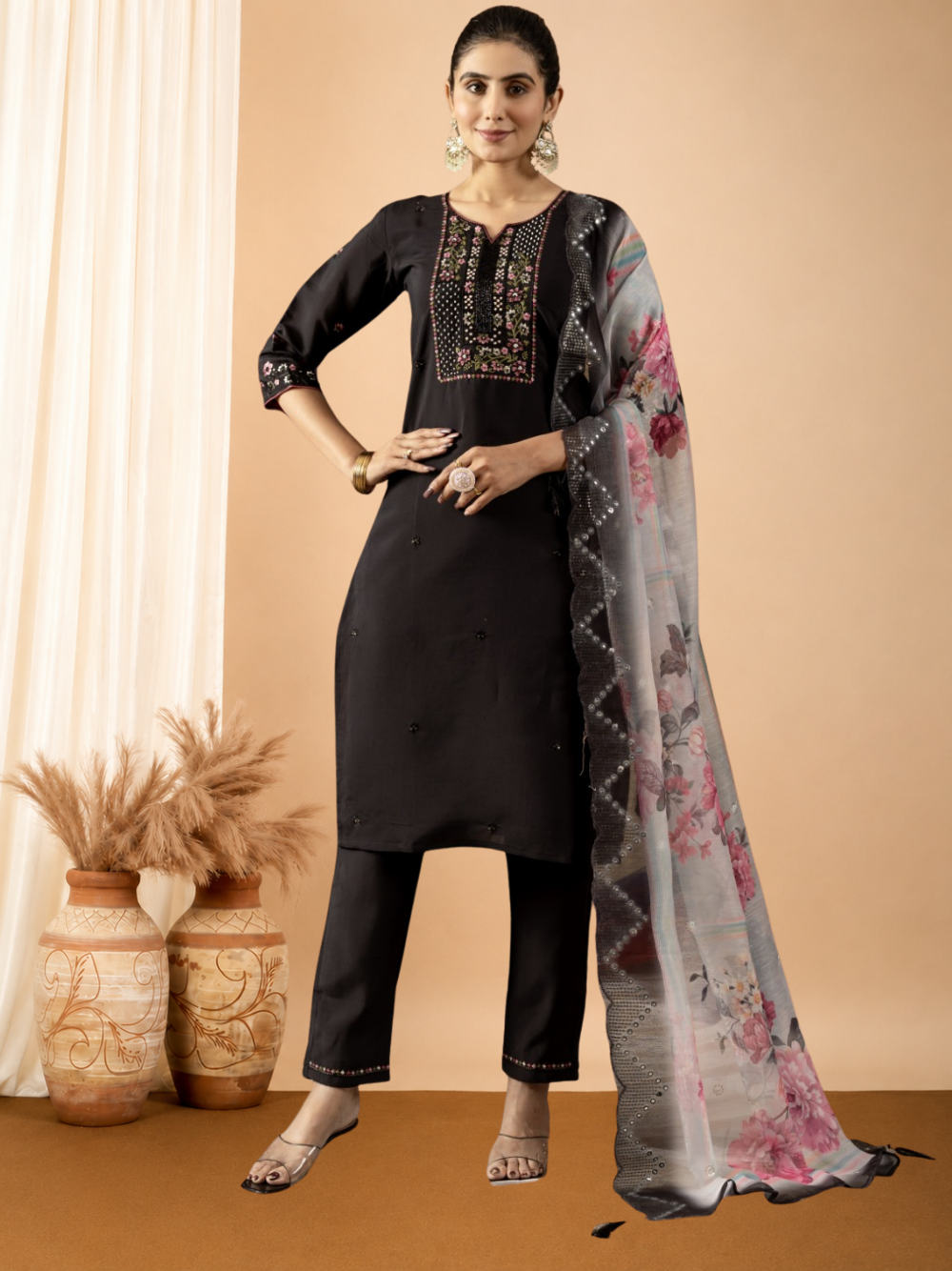 Black soft roman silk kurta and pant set with chanderi printed dupatta.