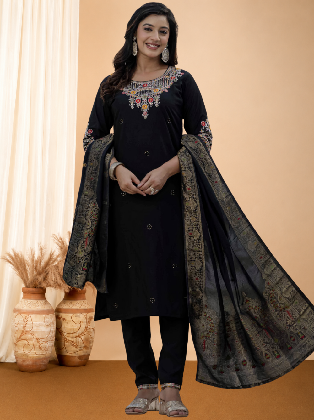 Black soft roman silk kurta and pant set with muslin silk meena work dupatta.