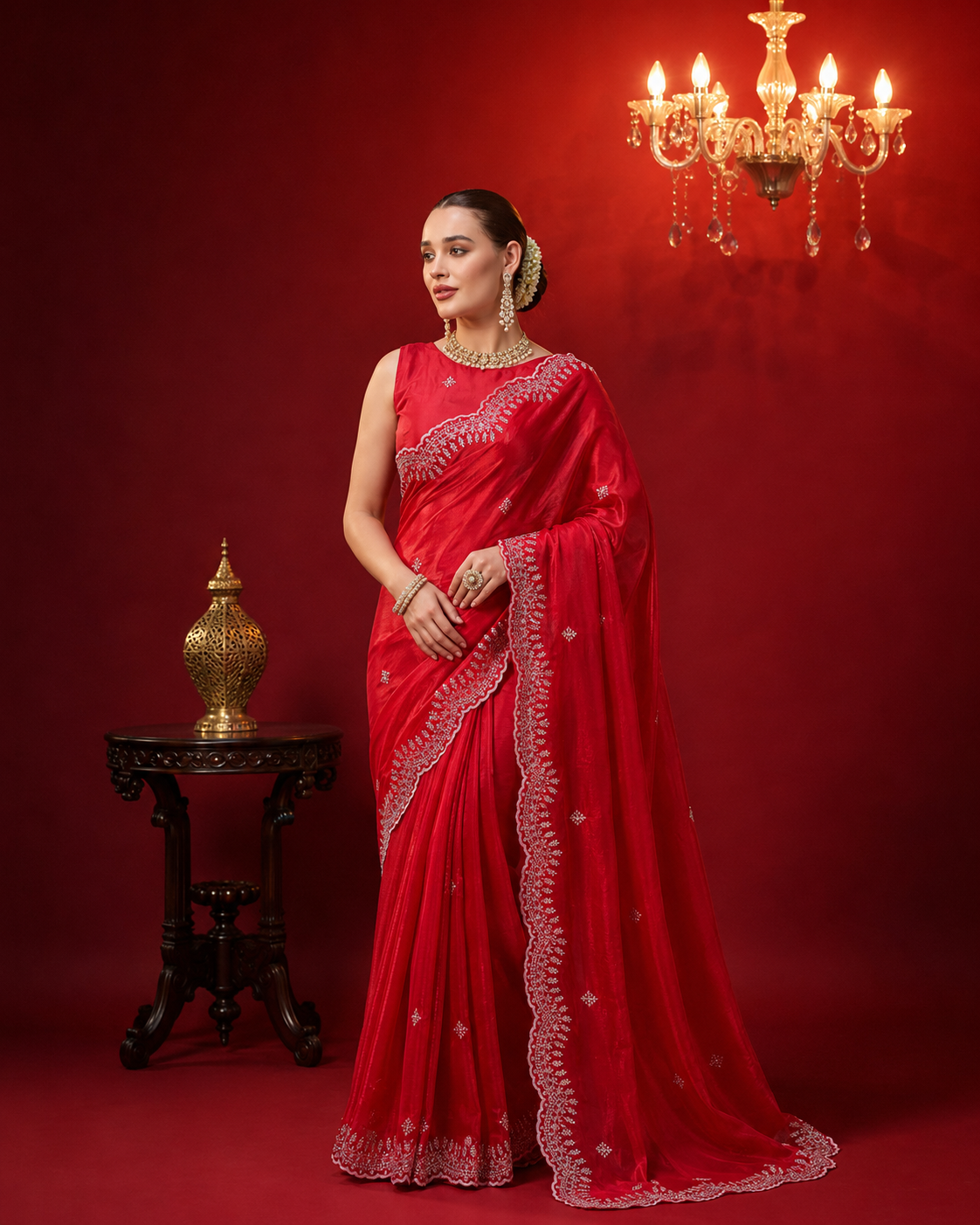 Fancy jimmy choo party wear saree with embroidery work.
