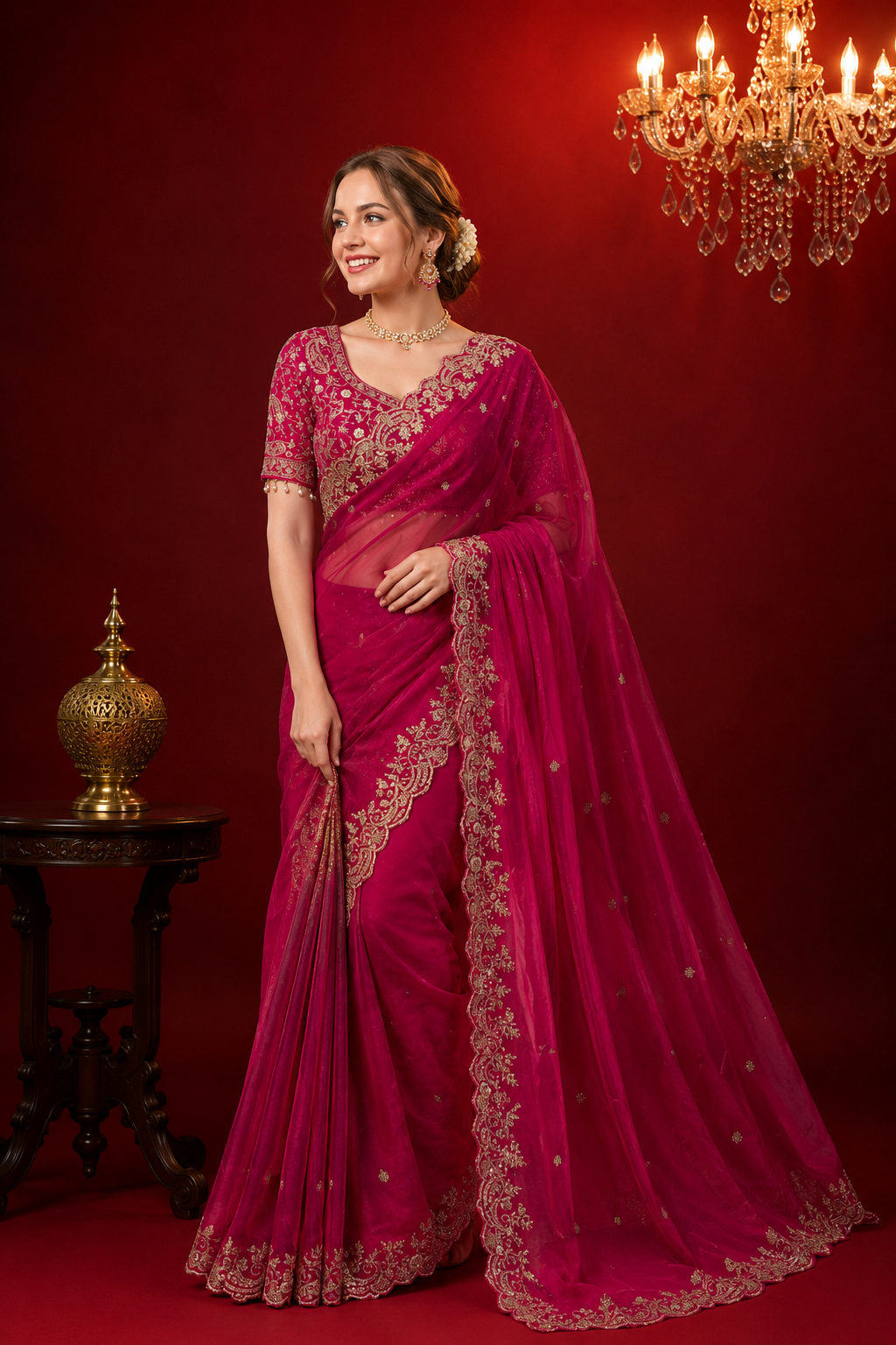 Fancy satin silk saree with sequence work and Ready made blouse.