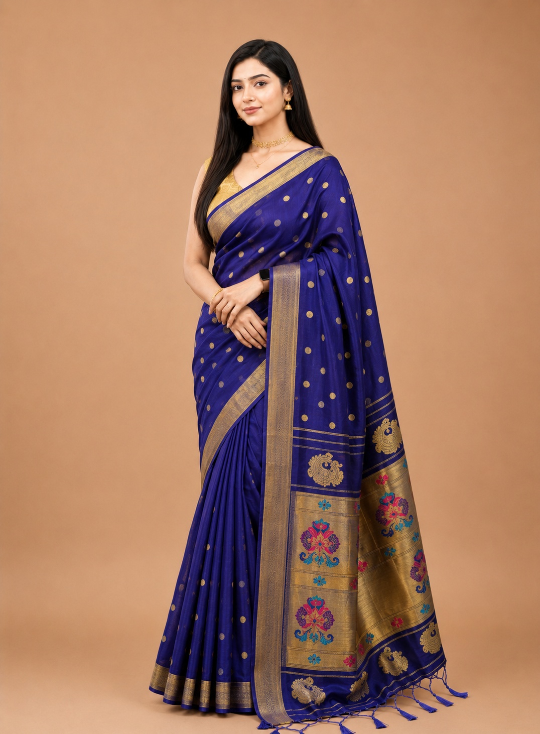Traditional paithani silk saree with zari weaving work.