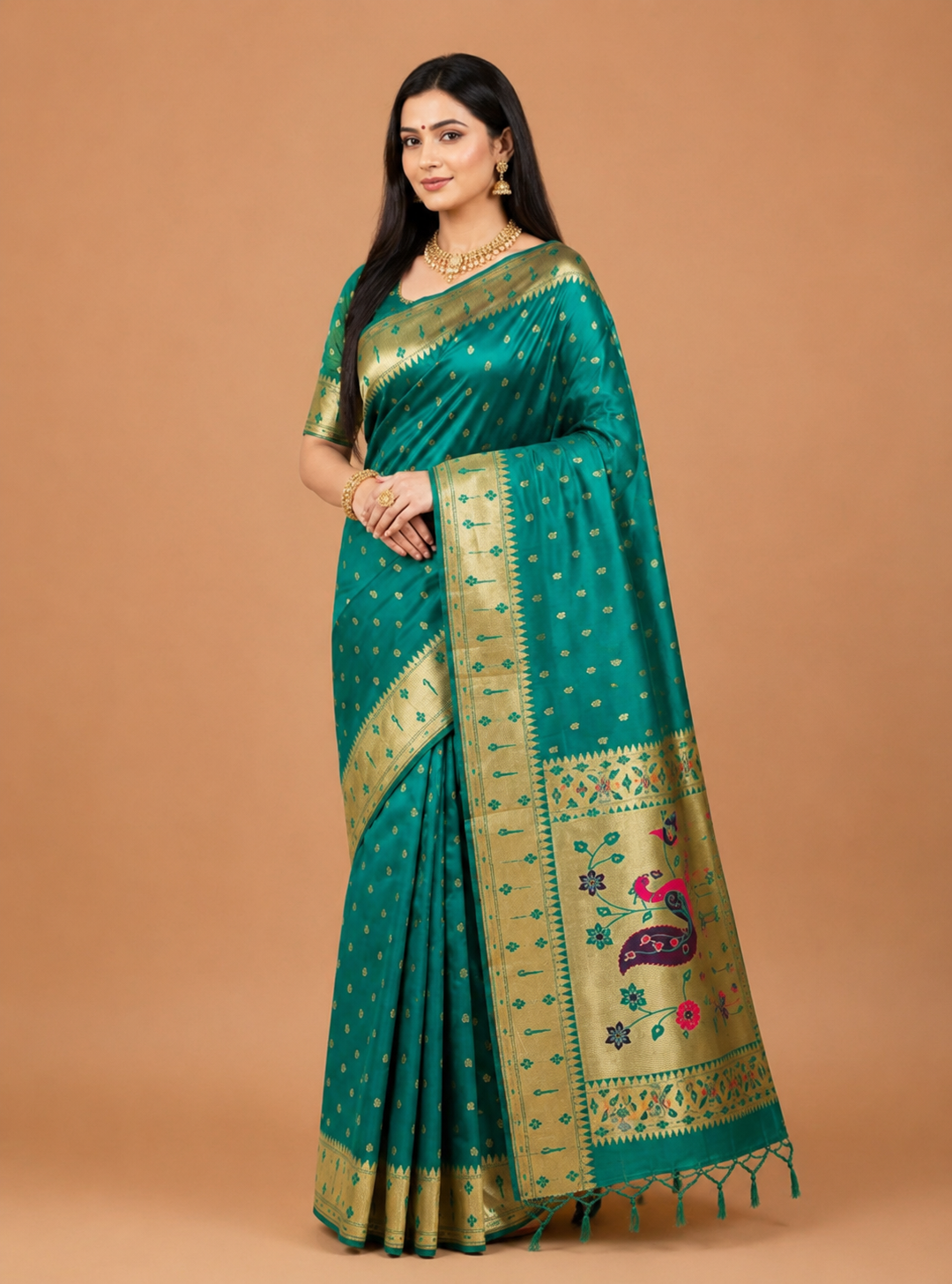 Traditional  paithani silk saree with zari weaving work.