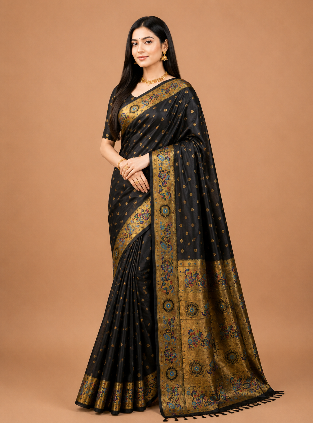Traditional  Lichi silk paithani saree with zari weaving work.
