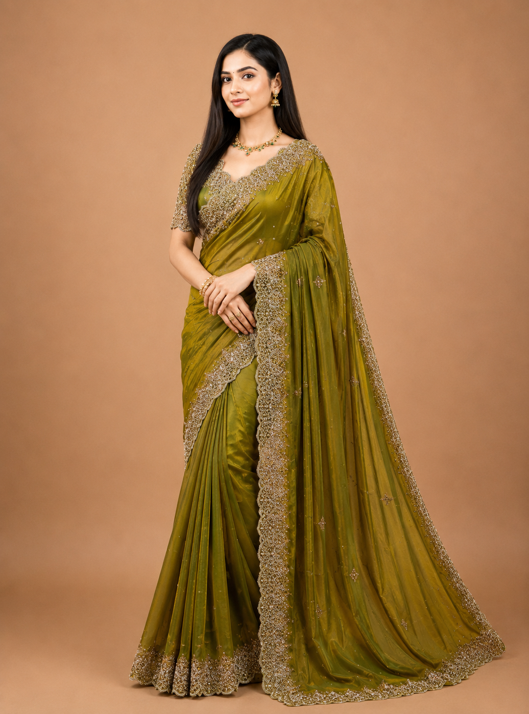 Fancy satin silk saree with siroski work.