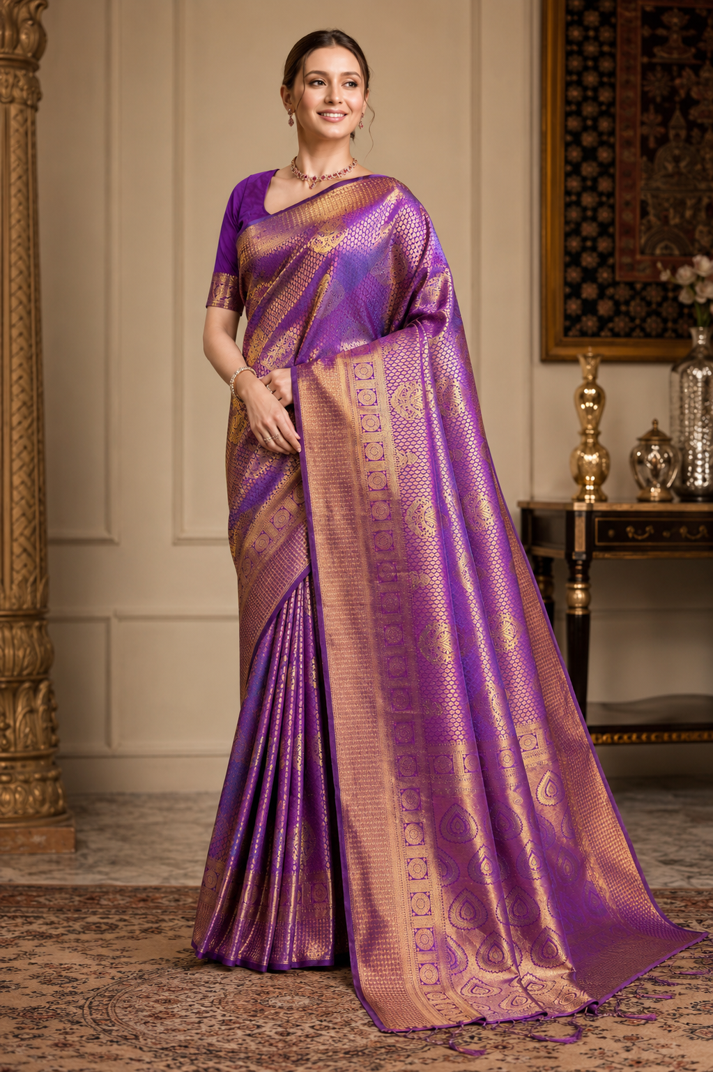Purple color kanchipuram silk saree with zari weaving work.