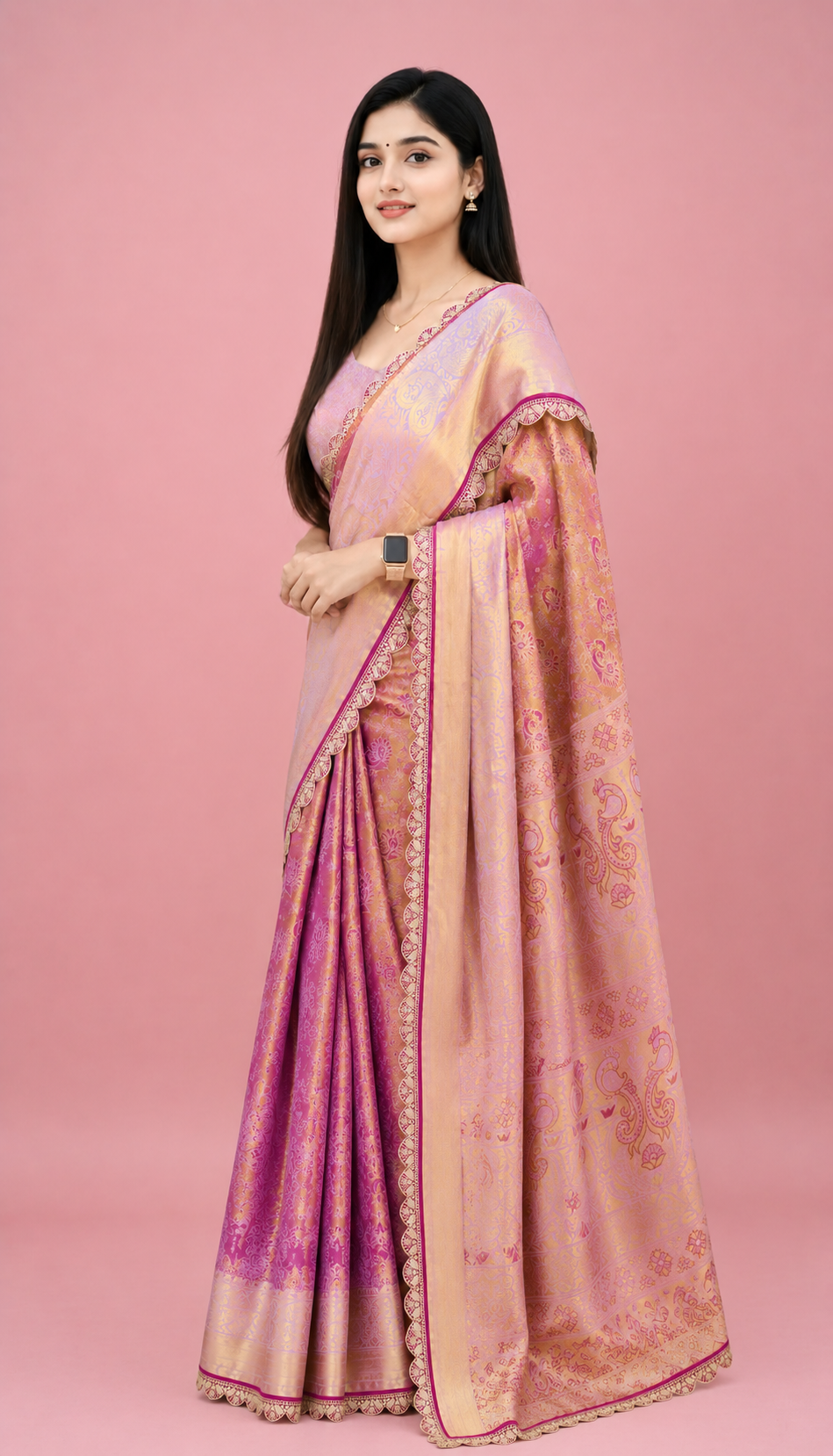 Kanjivaram silk saree with zari weaving work.