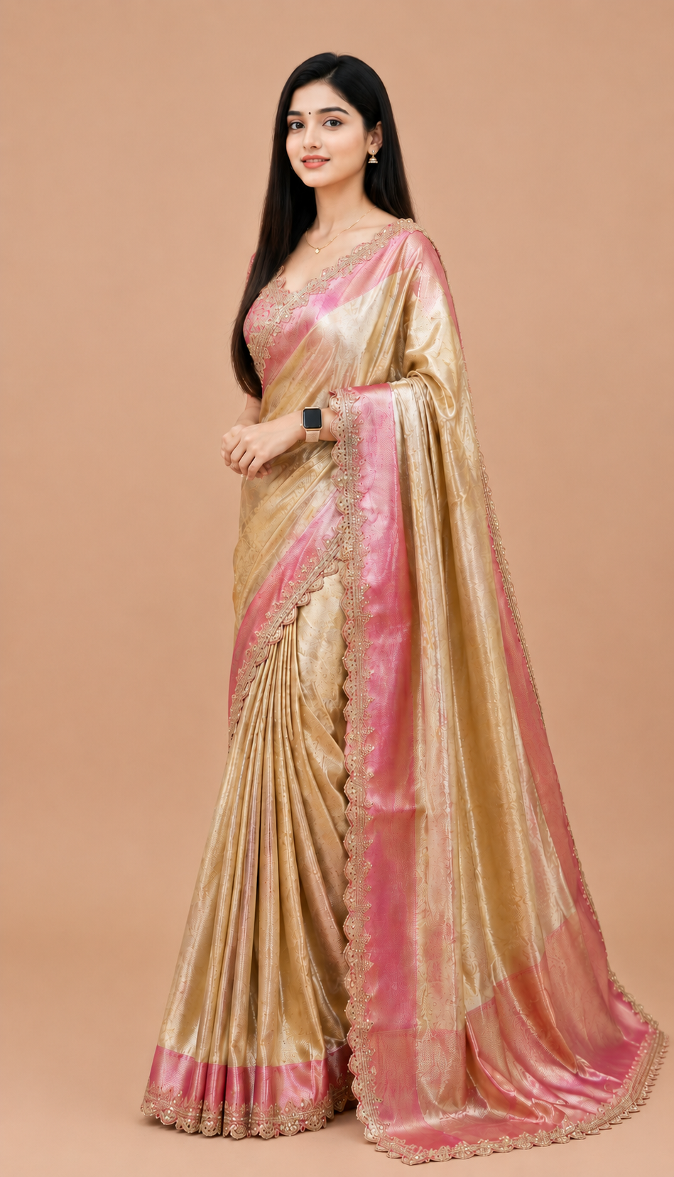 Gold soft tissue silk saree with chex design rich pallu and brocade blouse.