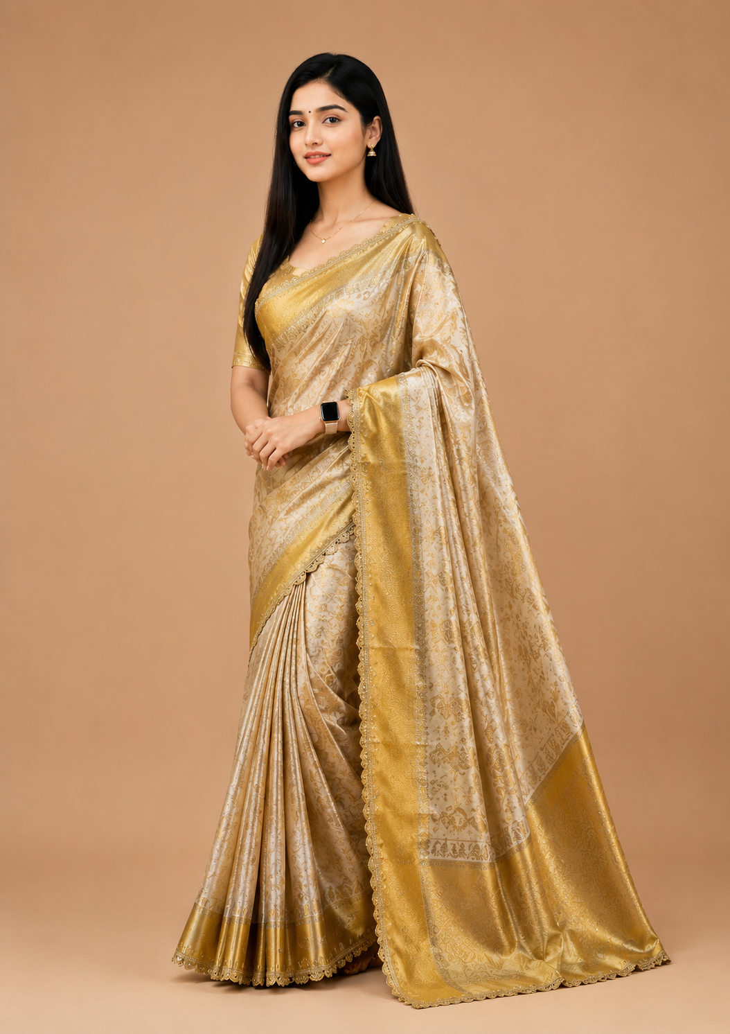 Gold premium banarasi tissue silk saree with zari weaving work.