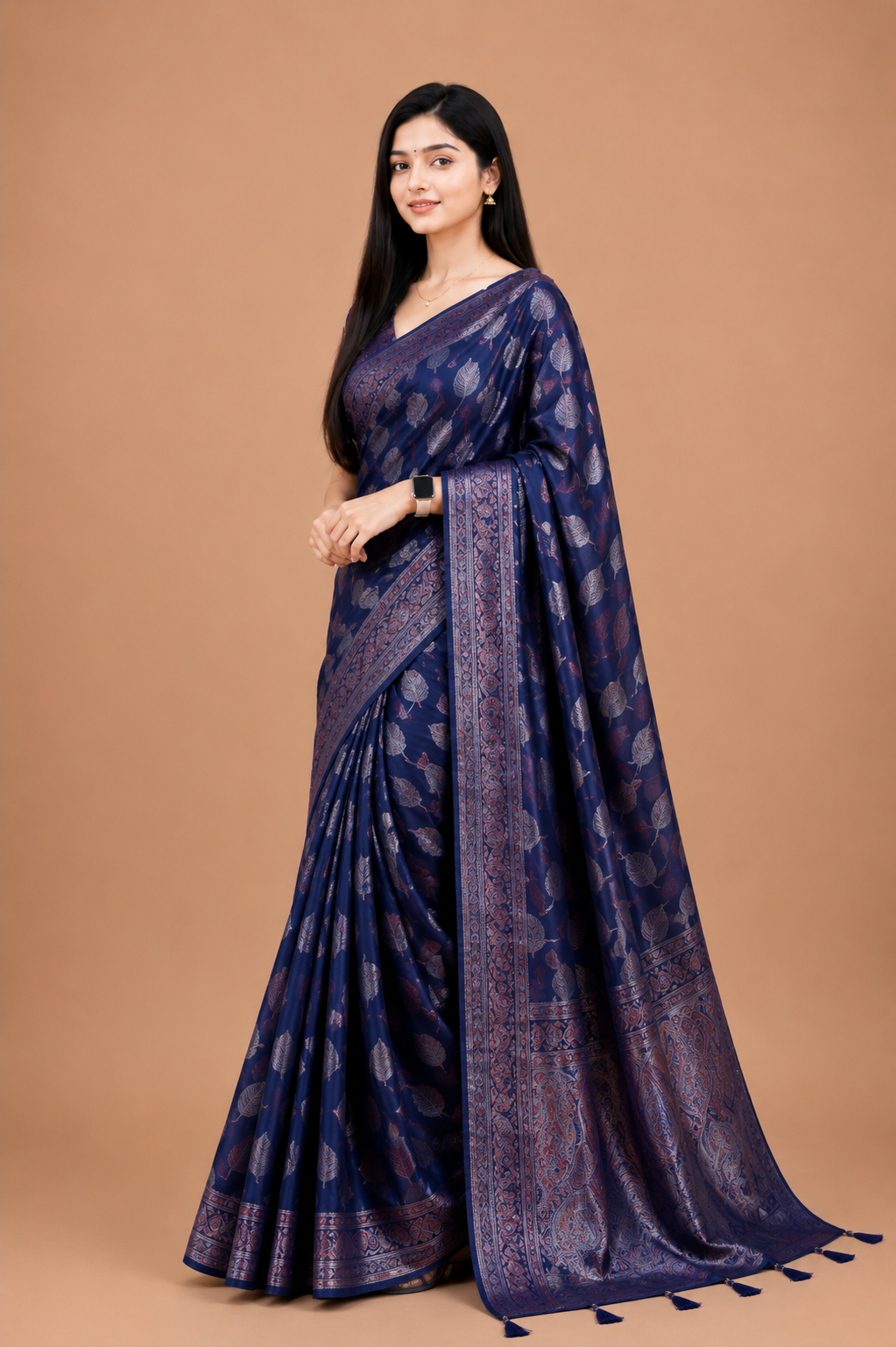Traditional banarasi silk saree with zari weaving work.