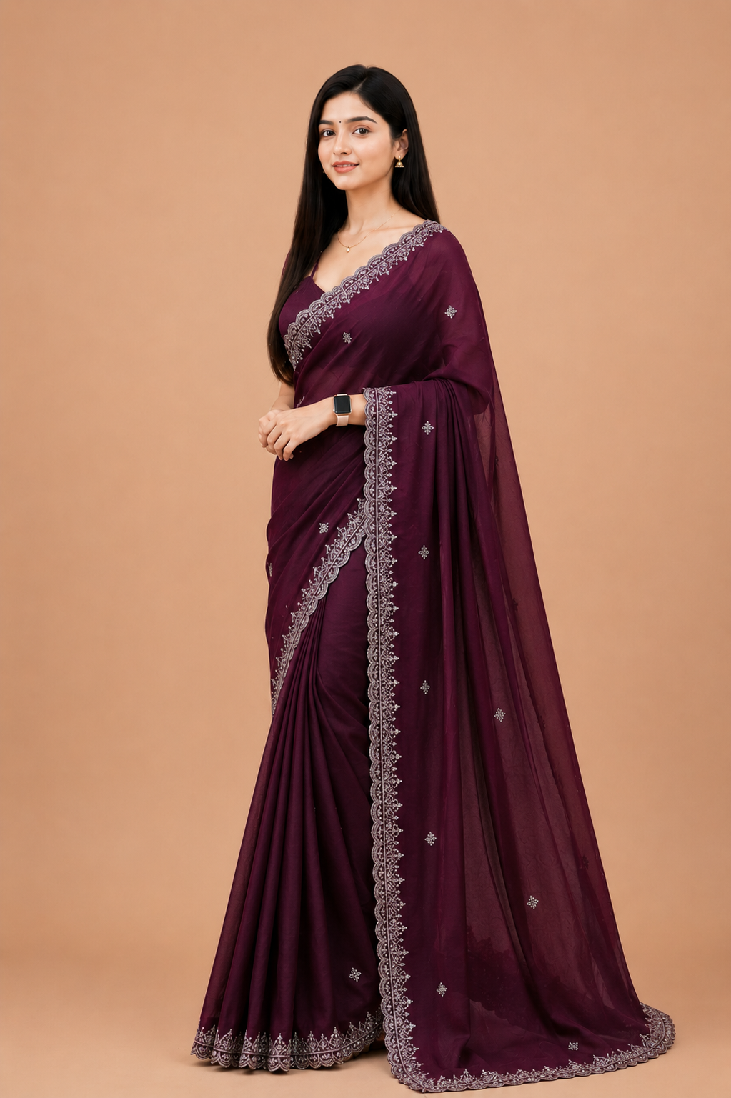 Fancy jimmy choo party wear saree with embroidery work.