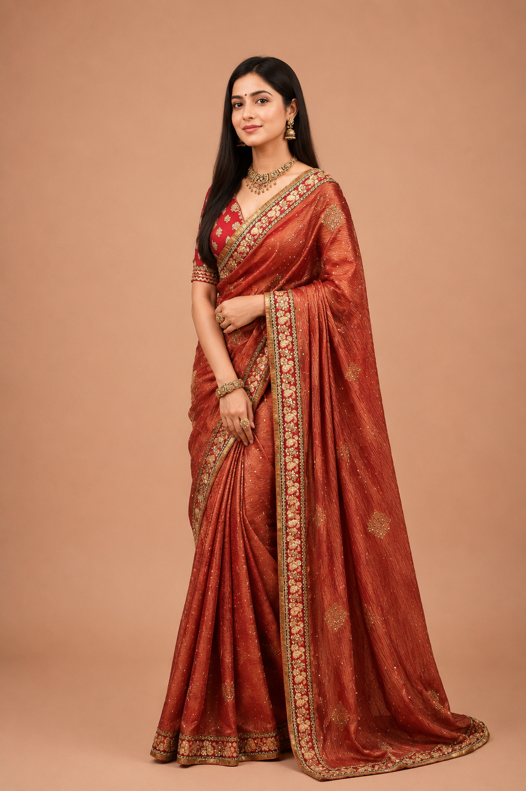 Red crush banarasi silk saree with embroidery work lace border.