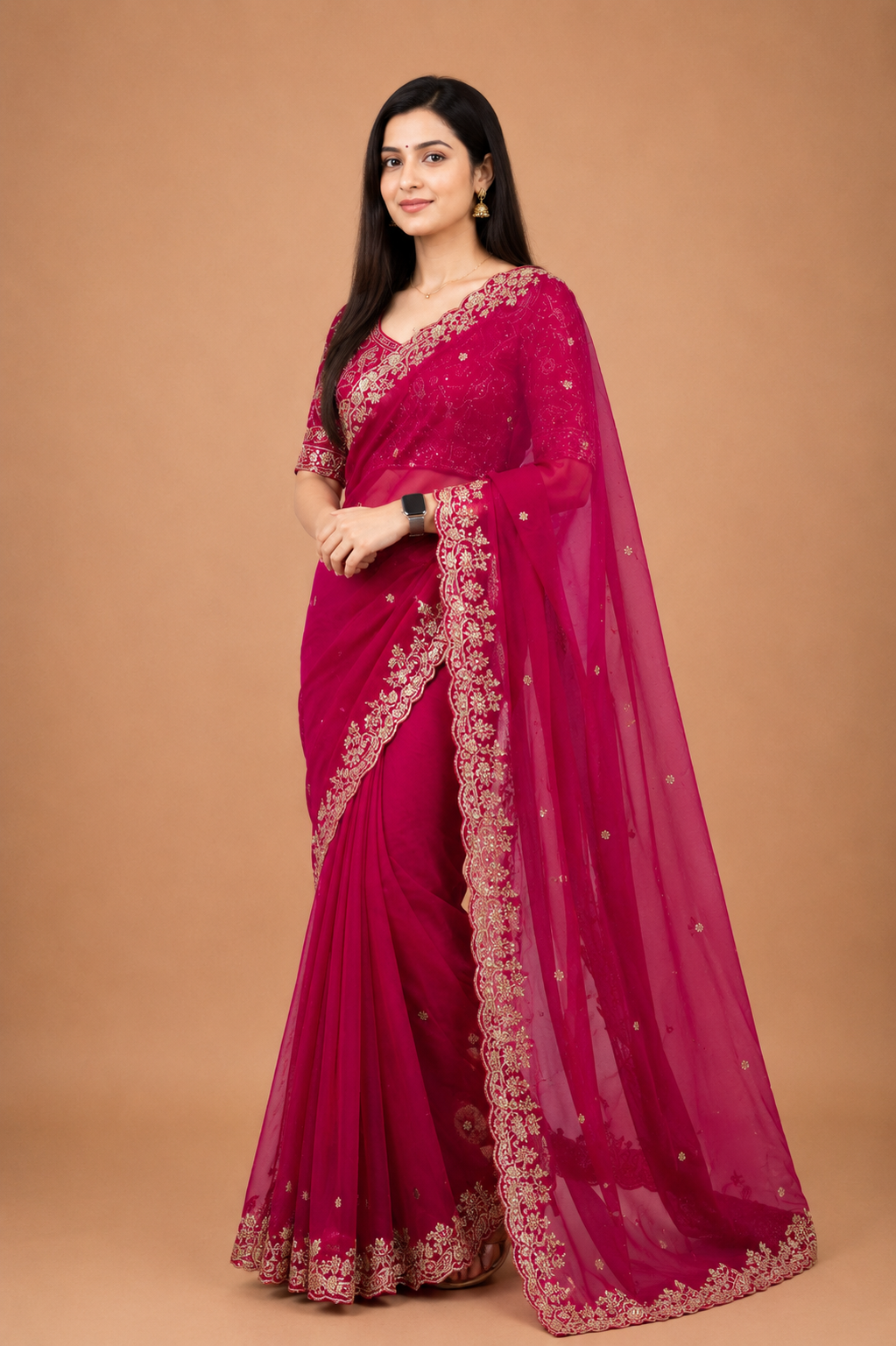 Fancy satin silk saree with sequence work and Ready made blouse.