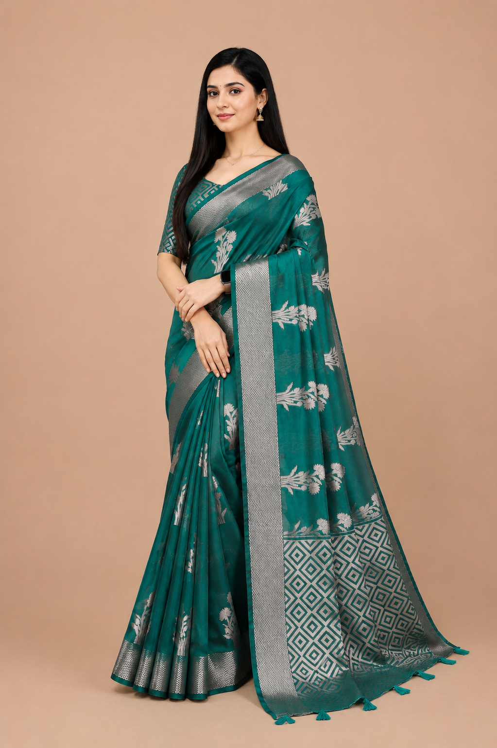 Fancy organza silk banarasi saree with zari weaving work.