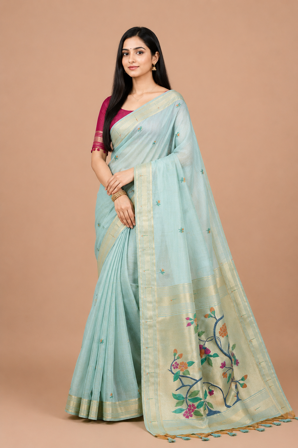 Sky blue premium muga cotton paithani saree with classic resham weaving paithani pallu and zari weaving border.