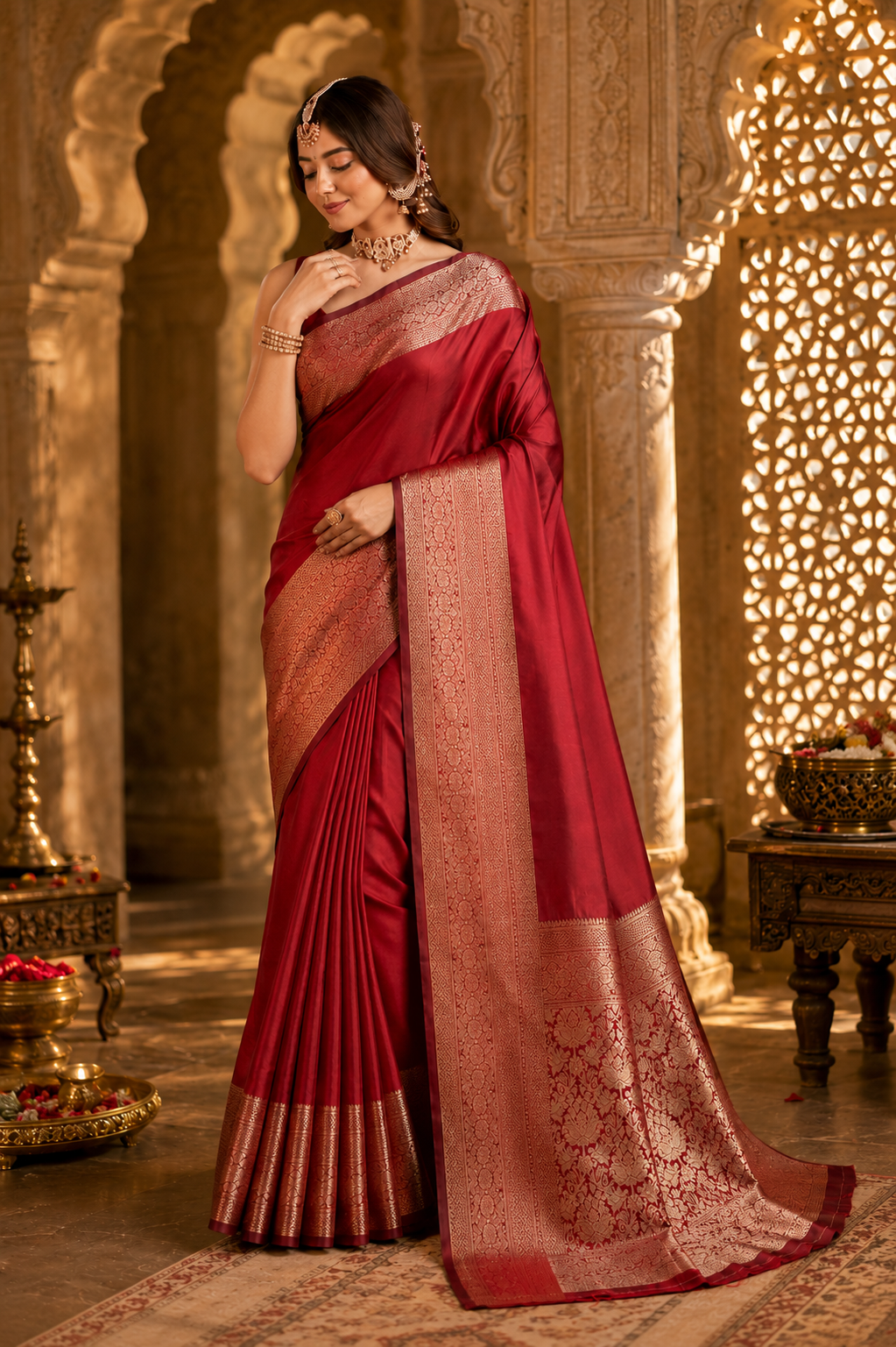Soft kanchipuram silk saree with golden zari weaving work.