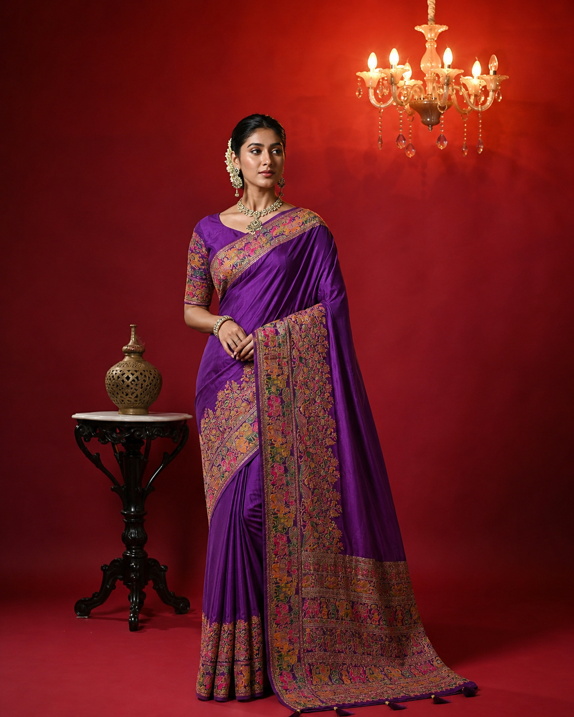 Traditional viscose pashmina silk saree with woven design.