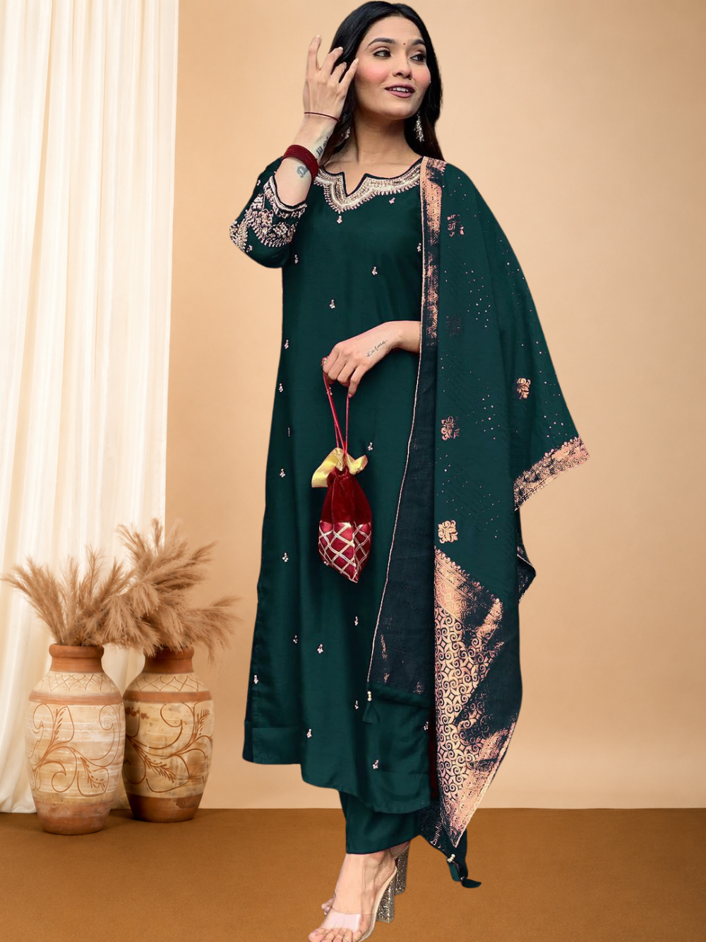Dark green soft chanderi silk kurta and pant set with Jacquard silk zari work dupatta