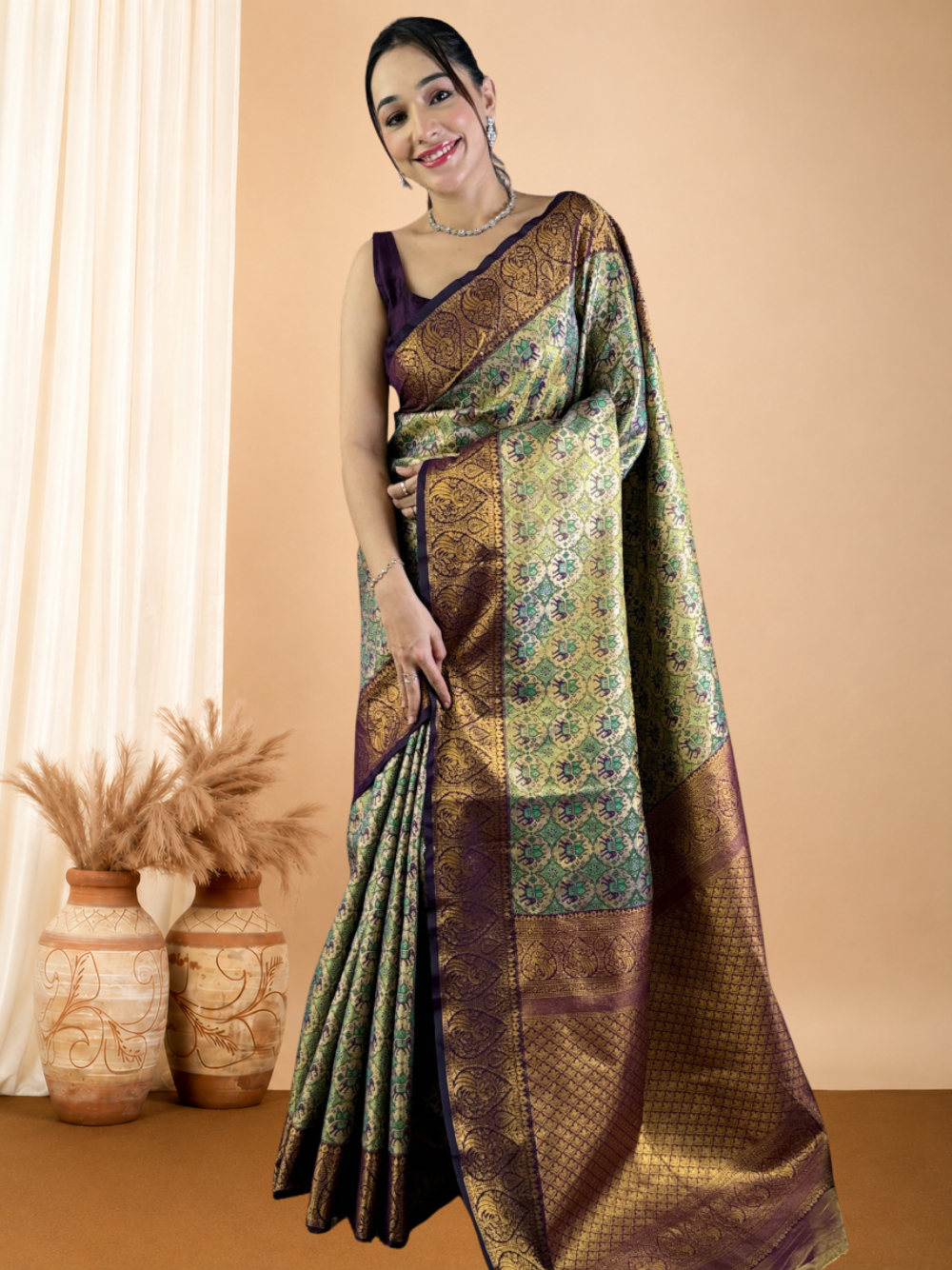 Dharmavaram soft silk saree with zari weaving work.