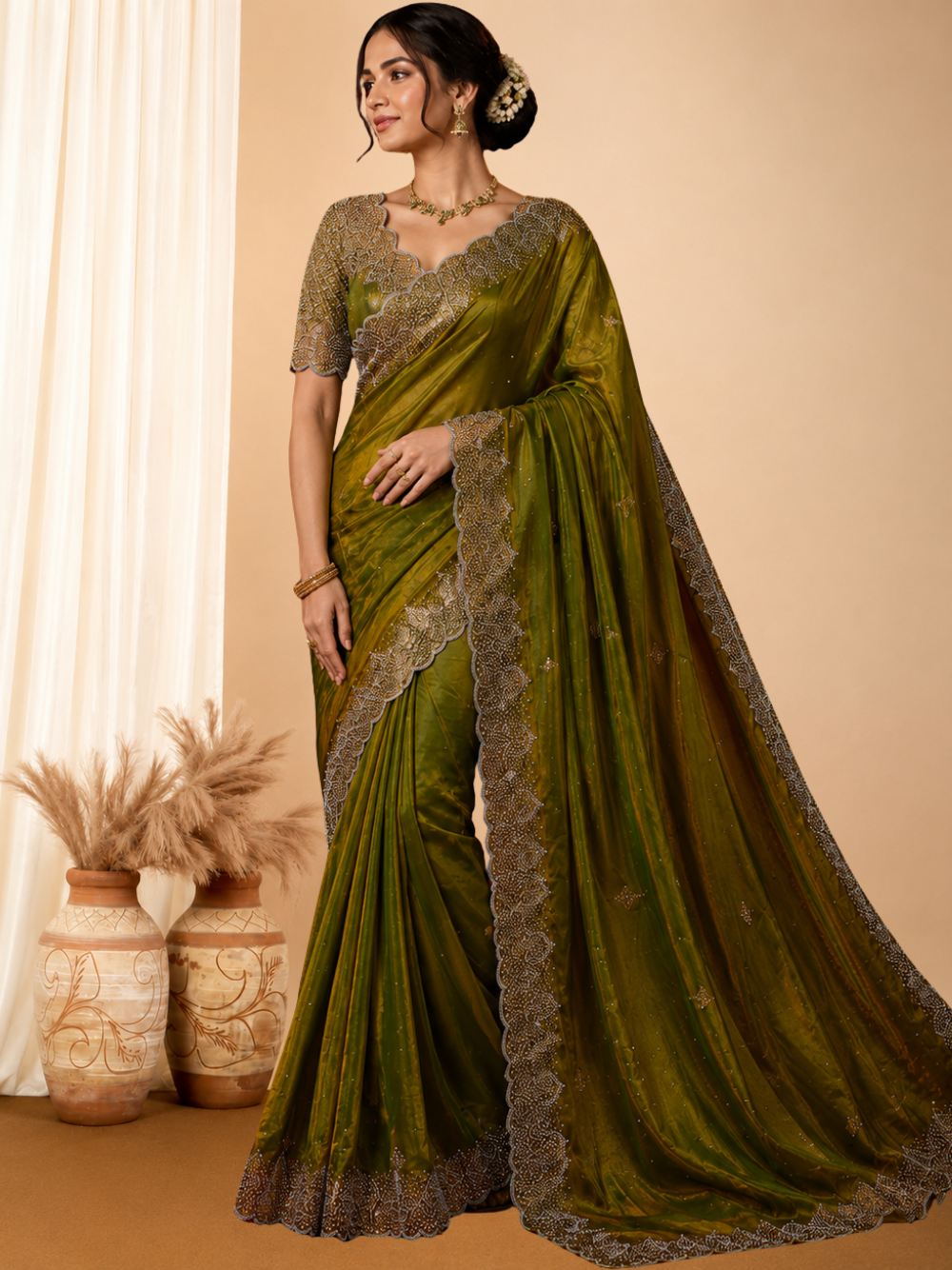 Fancy satin silk saree with siroski work.