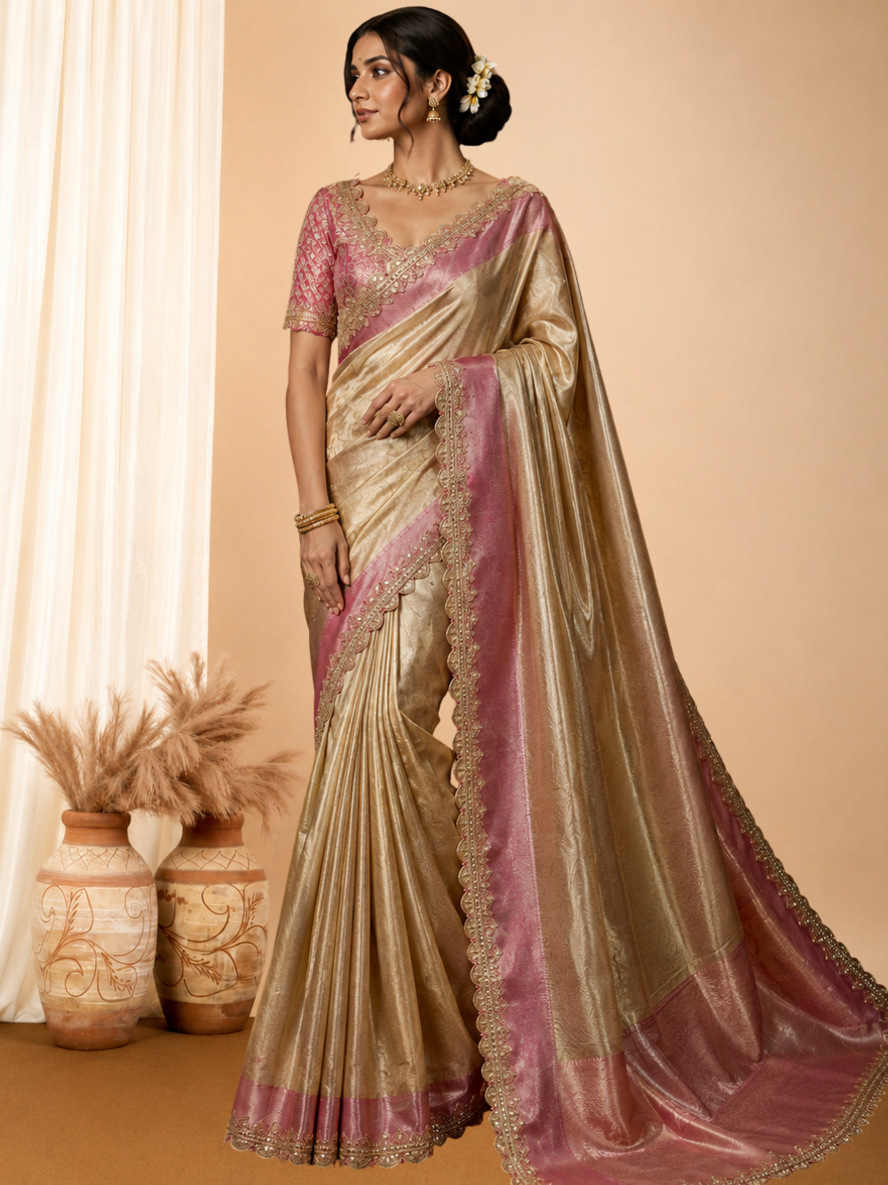 Gold soft tissue silk saree with chex design rich pallu and brocade blouse.