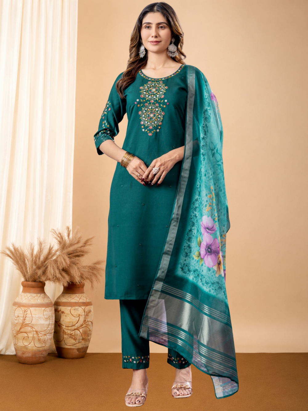 Green soft viscose silk kurta and pant set with chanderi silk printed work dupatta.