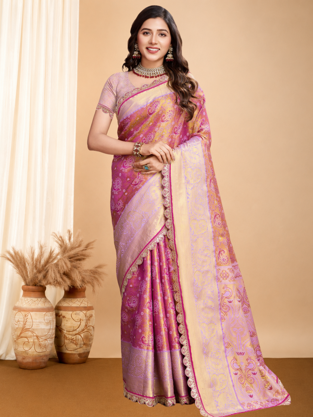 Kanjivaram silk saree with zari weaving work.